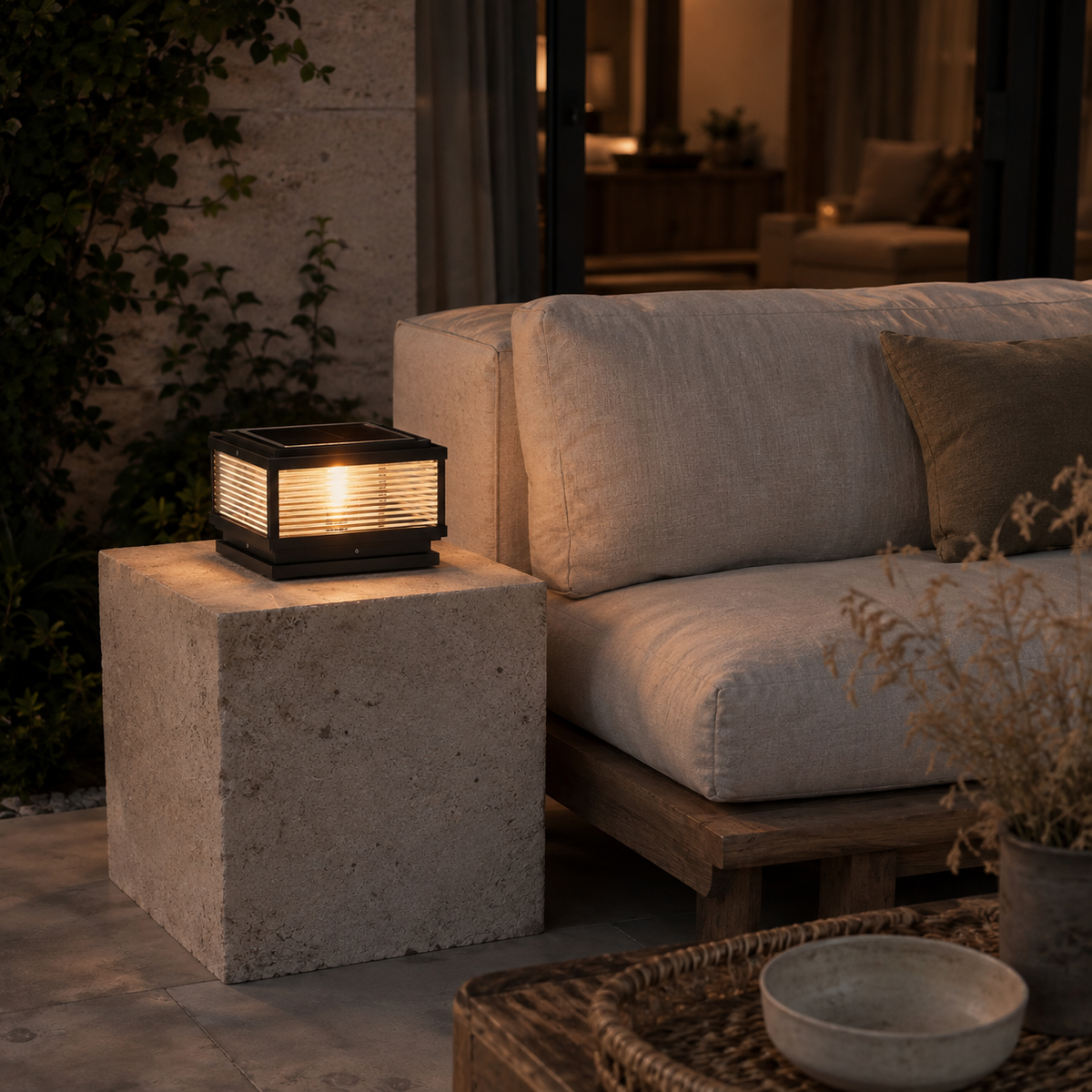Carvoeiro outdoor pillar light, on a terrace, beside a sofa.