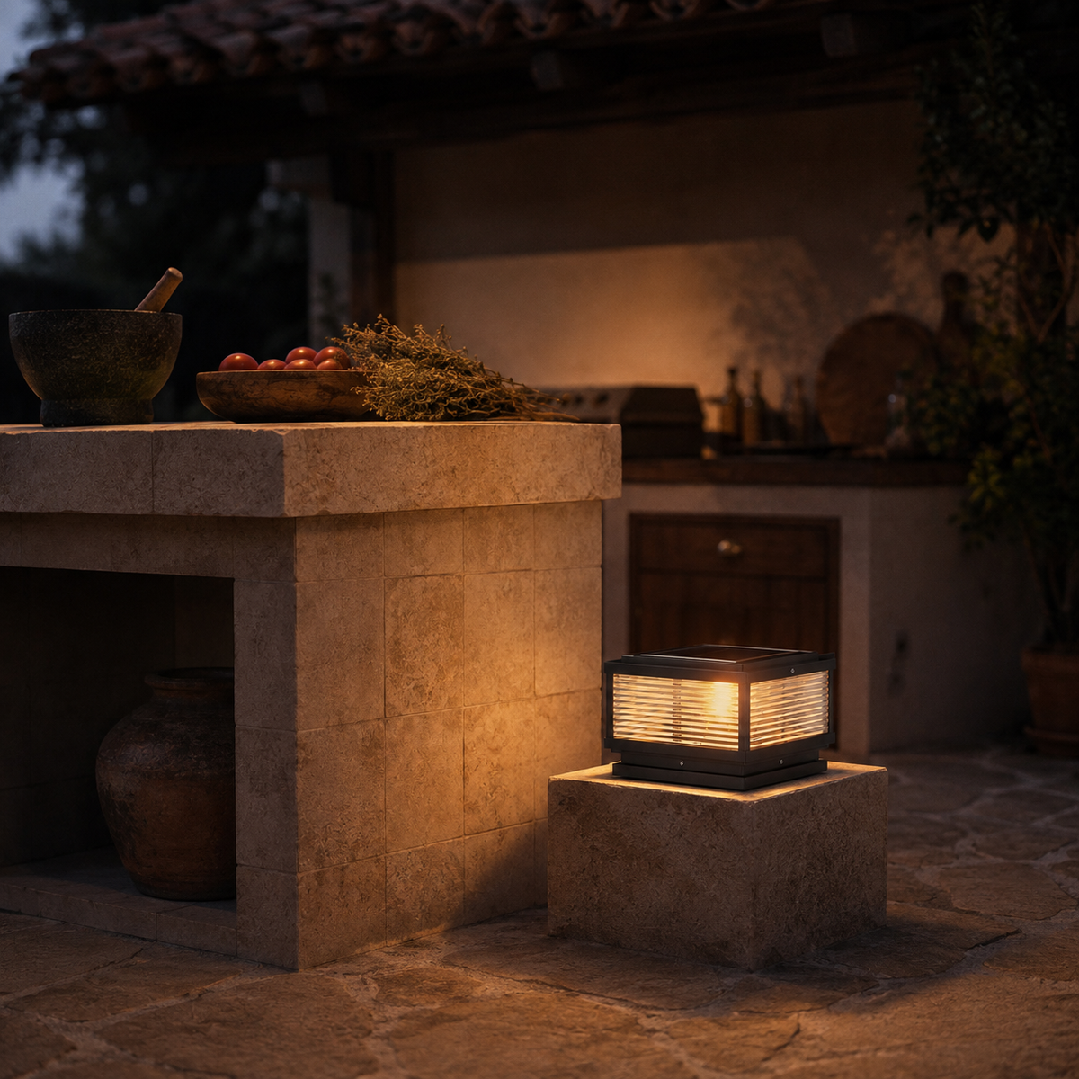 Carvoeiro outdoor pillar light, beside a console table.