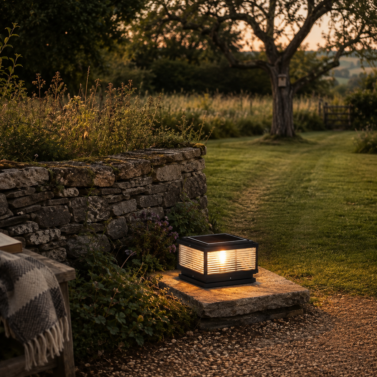 Carvoeiro outdoor pillar light, in a long garden.
