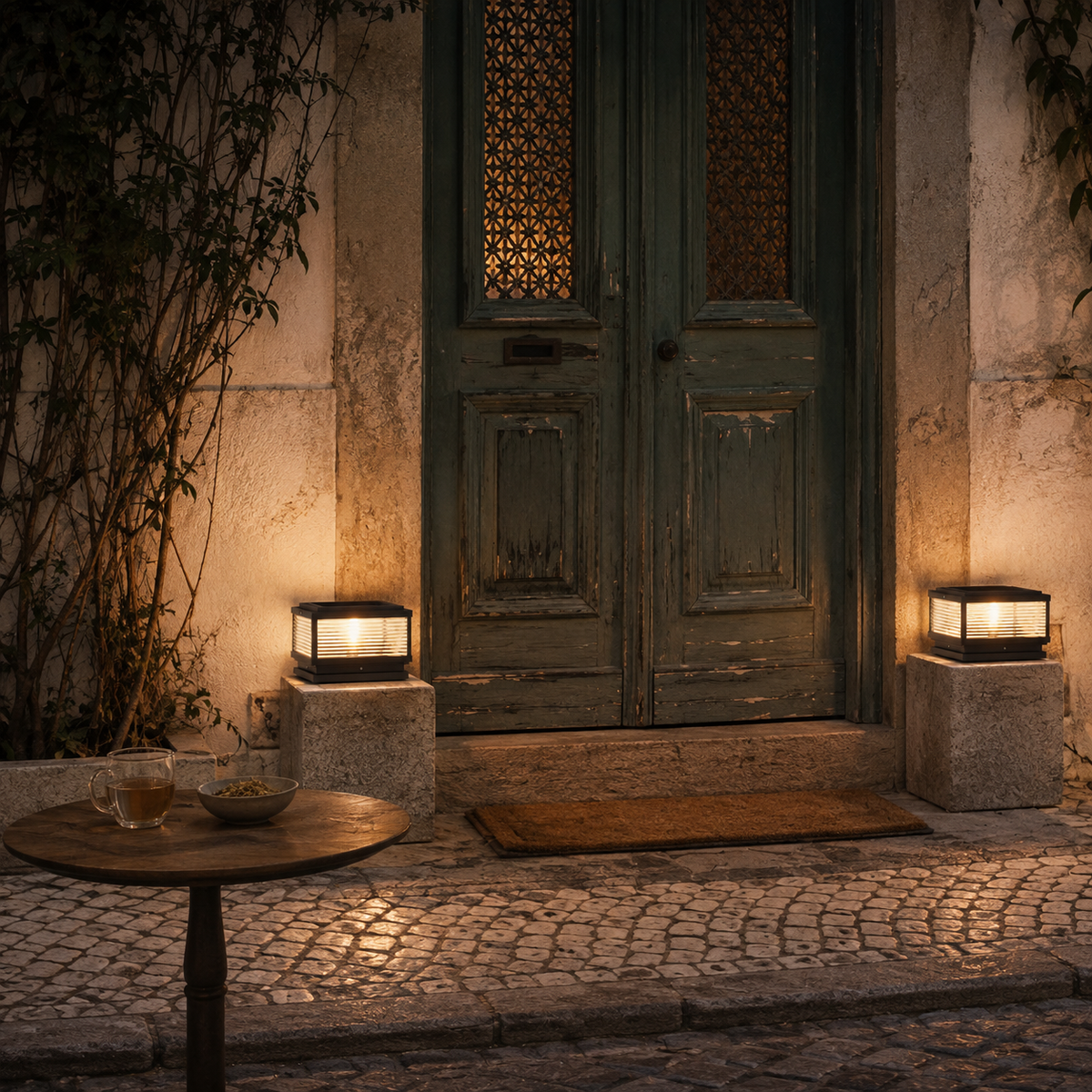 Carvoeiro outdoor pillar light, beside a side table.