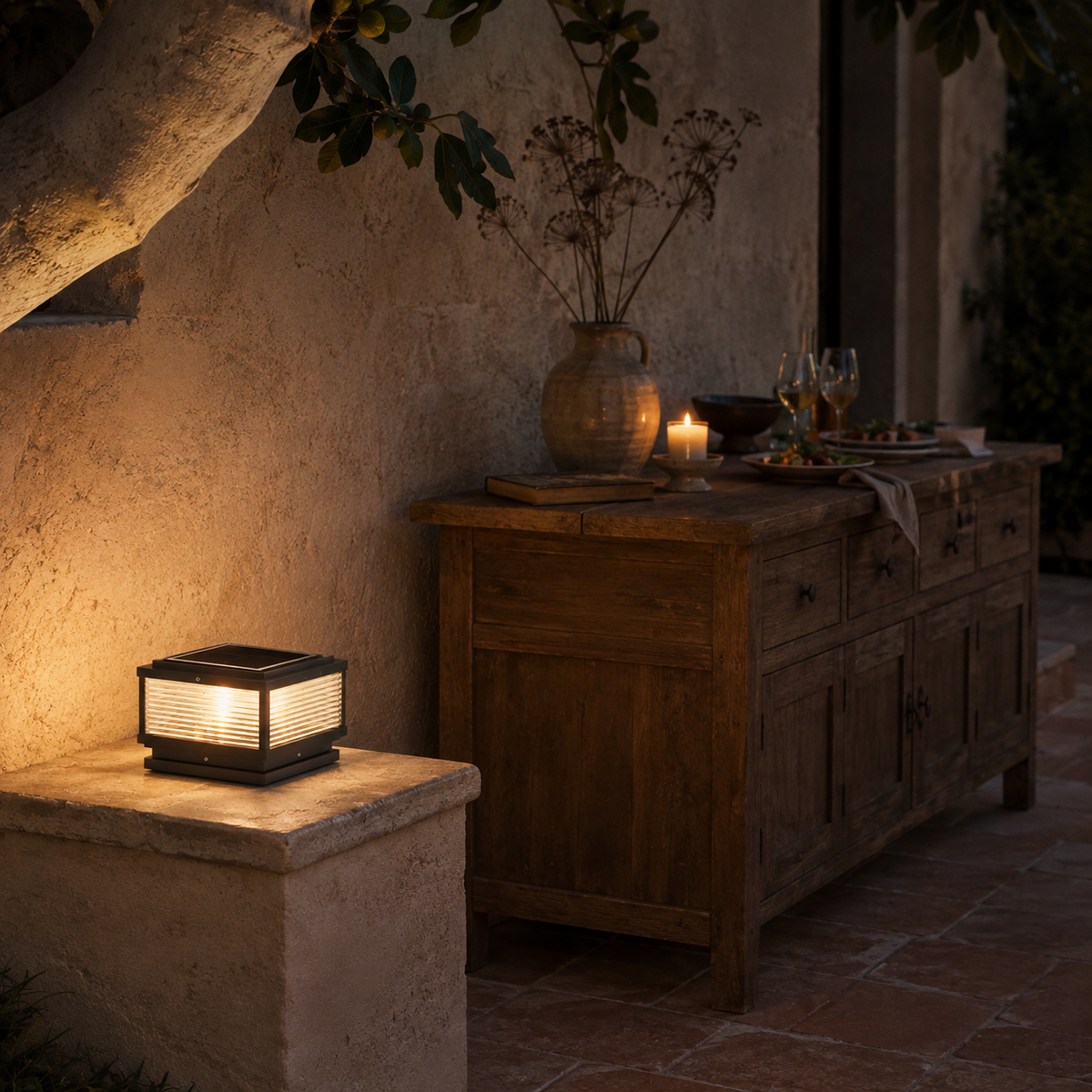Carvoeiro outdoor pillar light, in a walled courtyard.