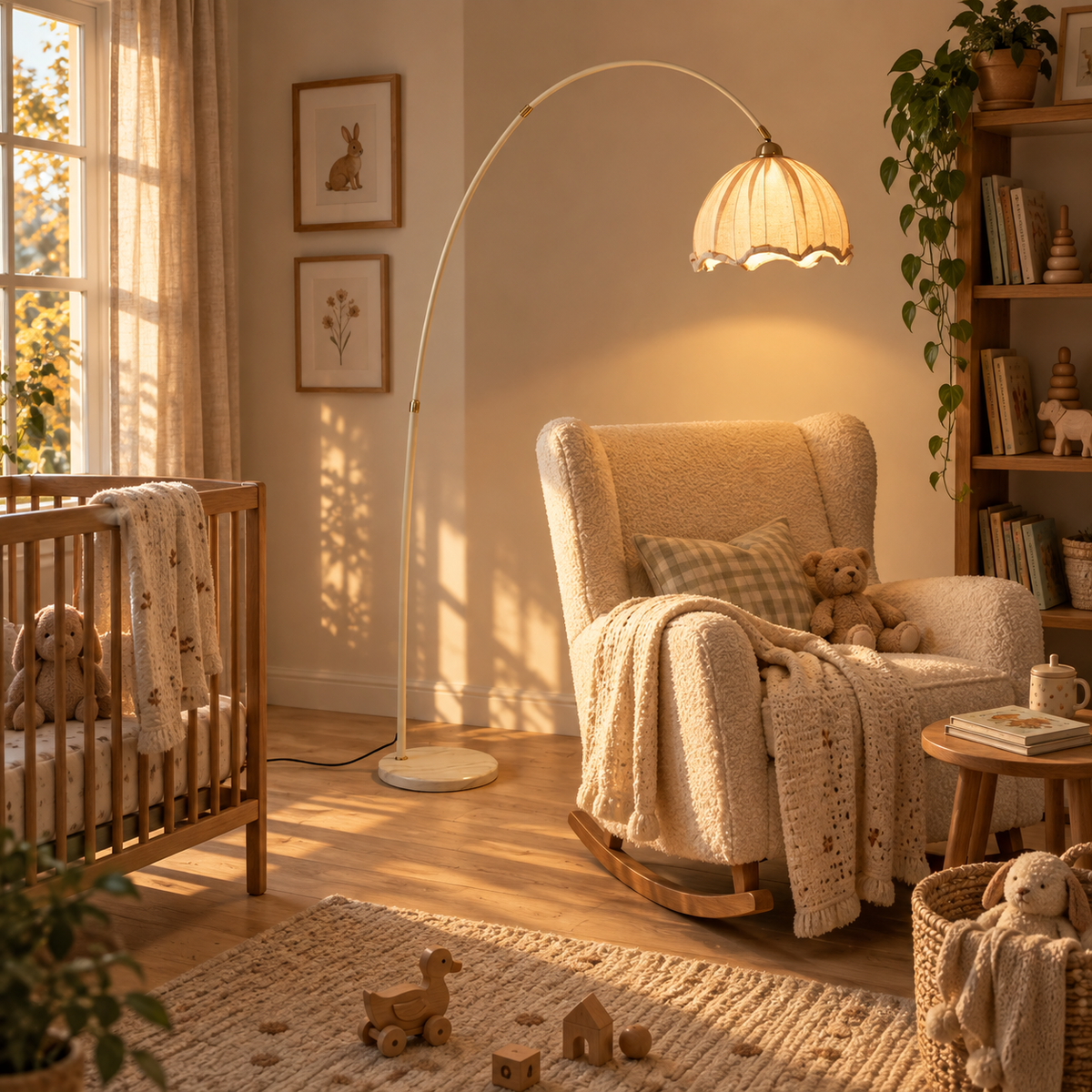 Cascais scalloped arc floor lamp in beige, in a nursery.