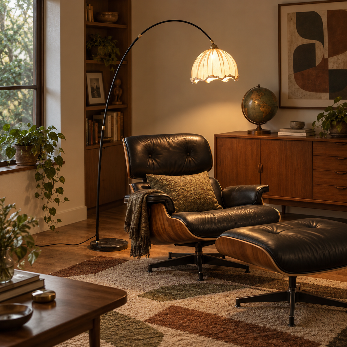 Cascais scalloped arc floor lamp in black, in a den.