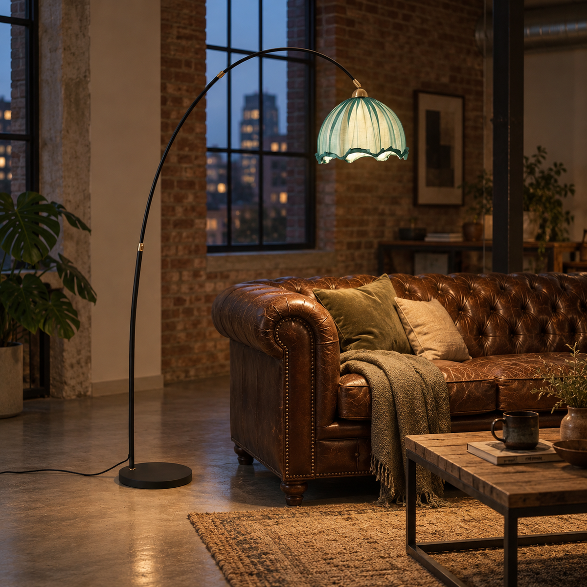 Cascais scalloped arc floor lamp, blue shade, in a loft.