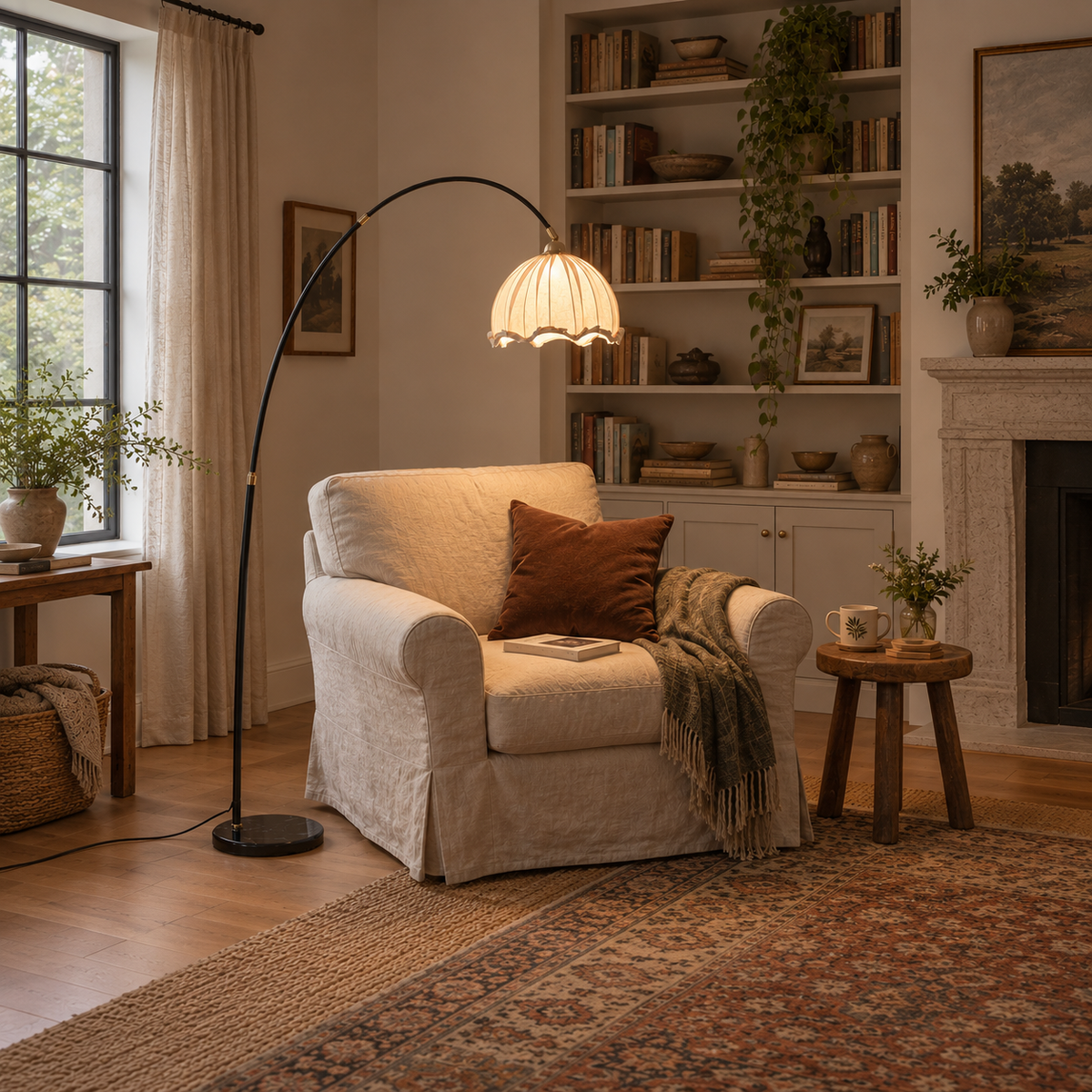 Cascais scalloped arc floor lamp, white shade, in a reading nook.