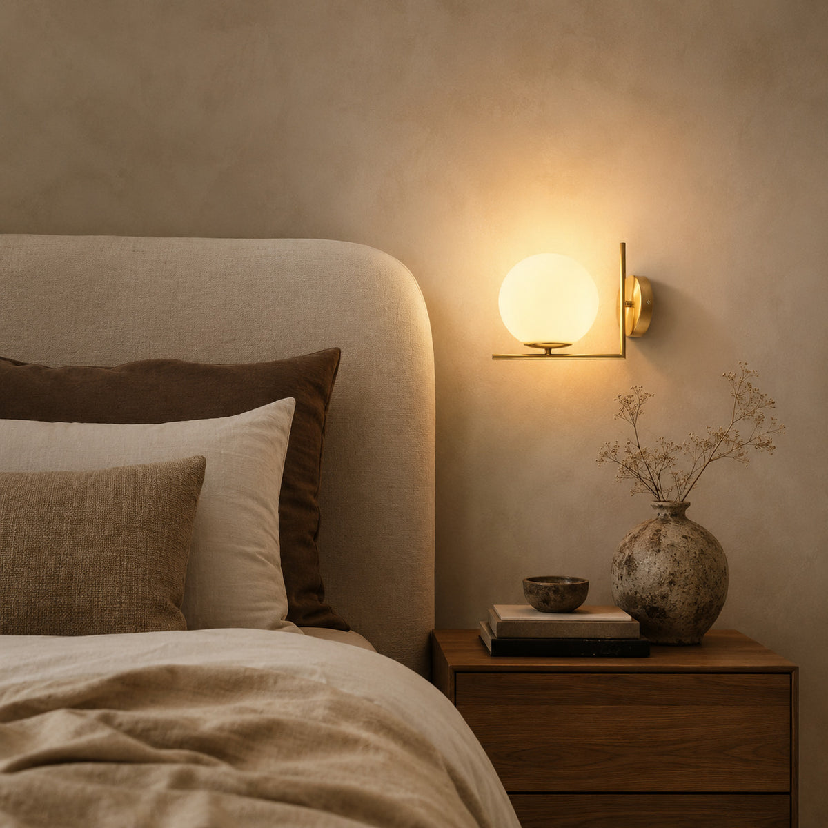 Ceira globe wall sconce in brass, lit above a nightstand with books beside a bed