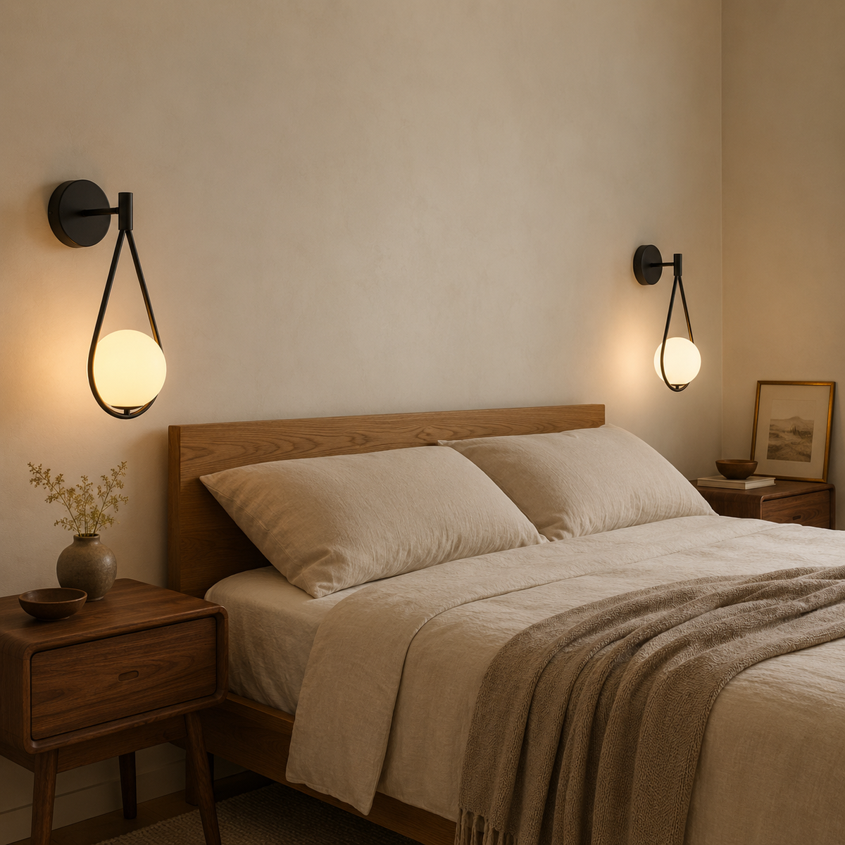 Two Celorico black loop sconces flanking an oak bed with linen bedding.