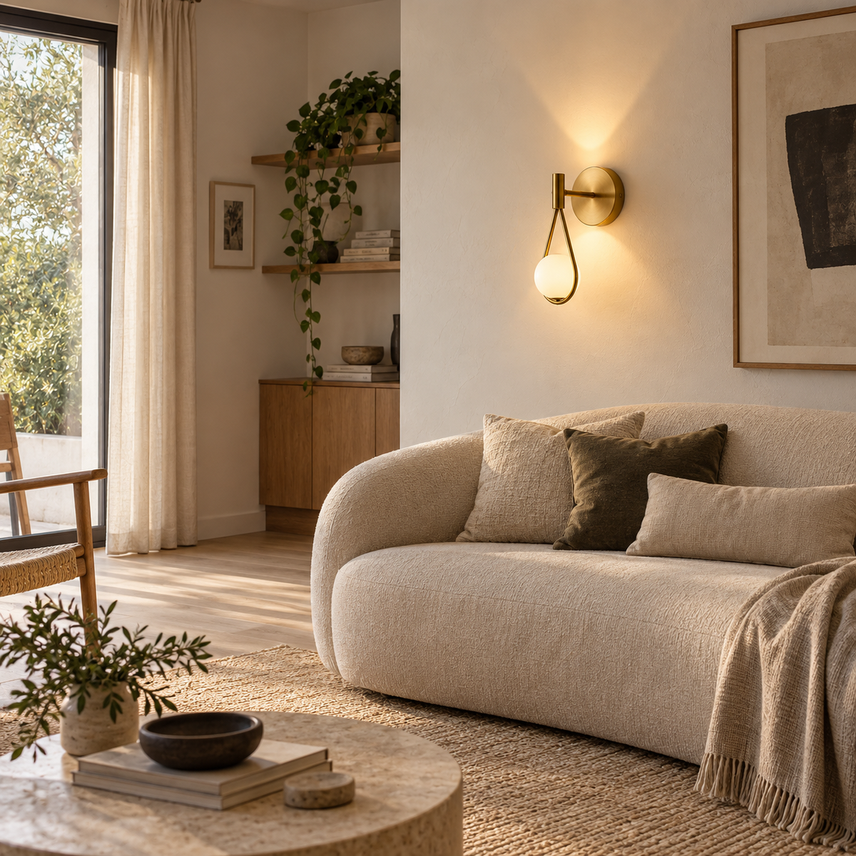 Celorico loop wall sconce, in a living room.