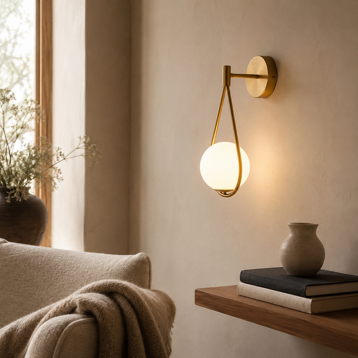 Celorico brass loop sconce lit beside a boucle armchair in a cream reading corner.