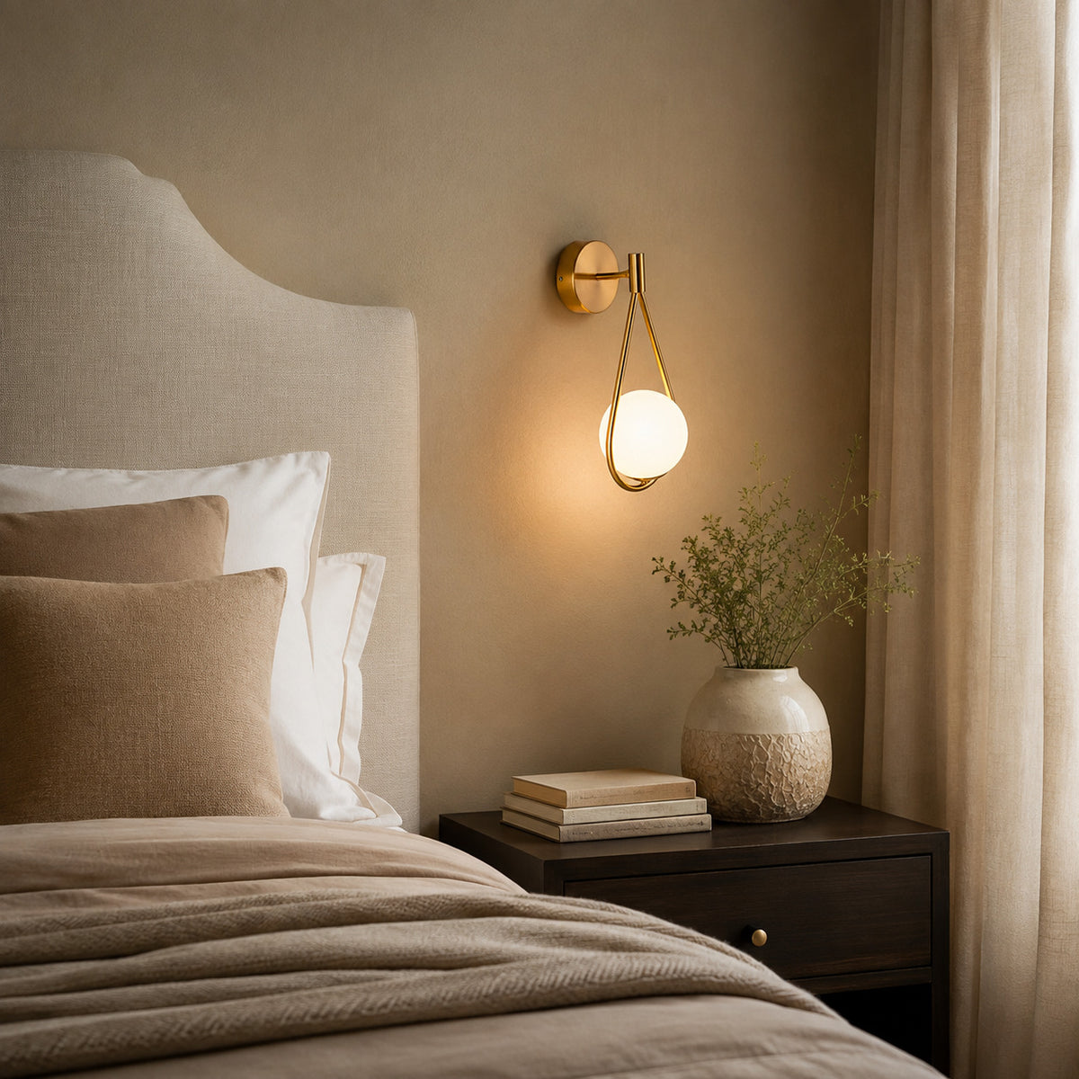 Celorico loop wall sconce with a polished brass teardrop and an opal white globe, shown in a room