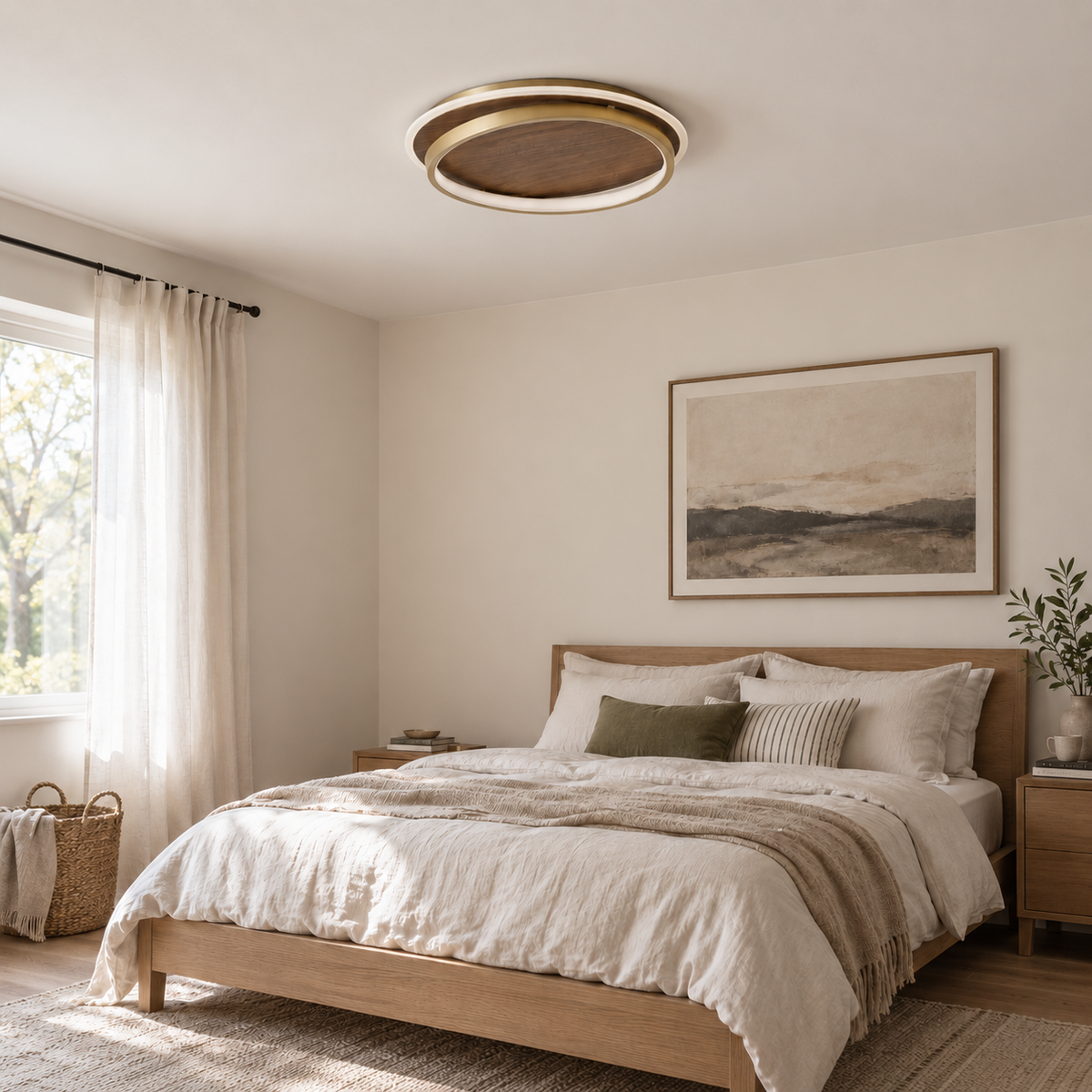 Chaves LED flush mount ceiling light, in a bedroom.