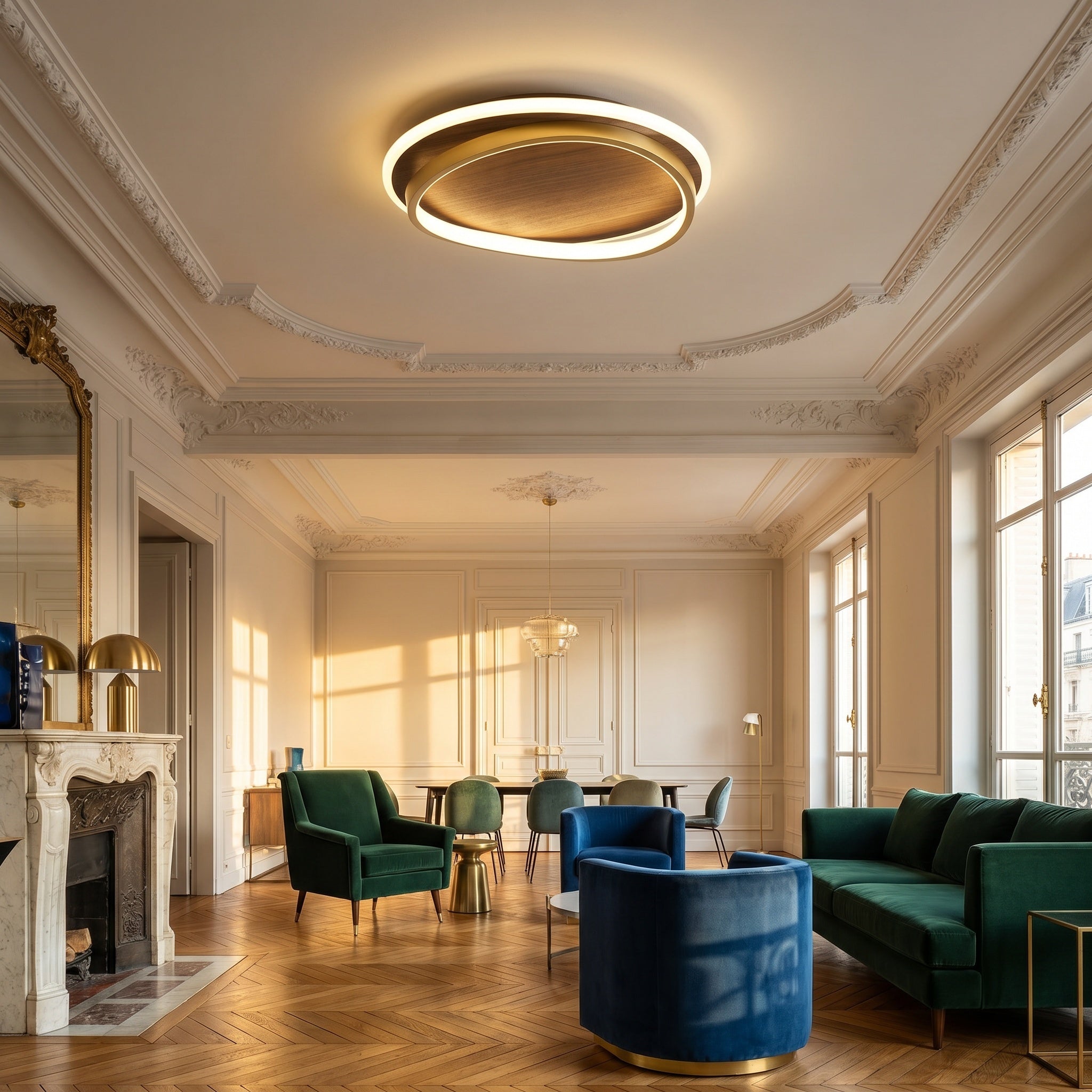 Chaves LED flush mount ceiling light, walnut finish disc lit warm above a bedroom