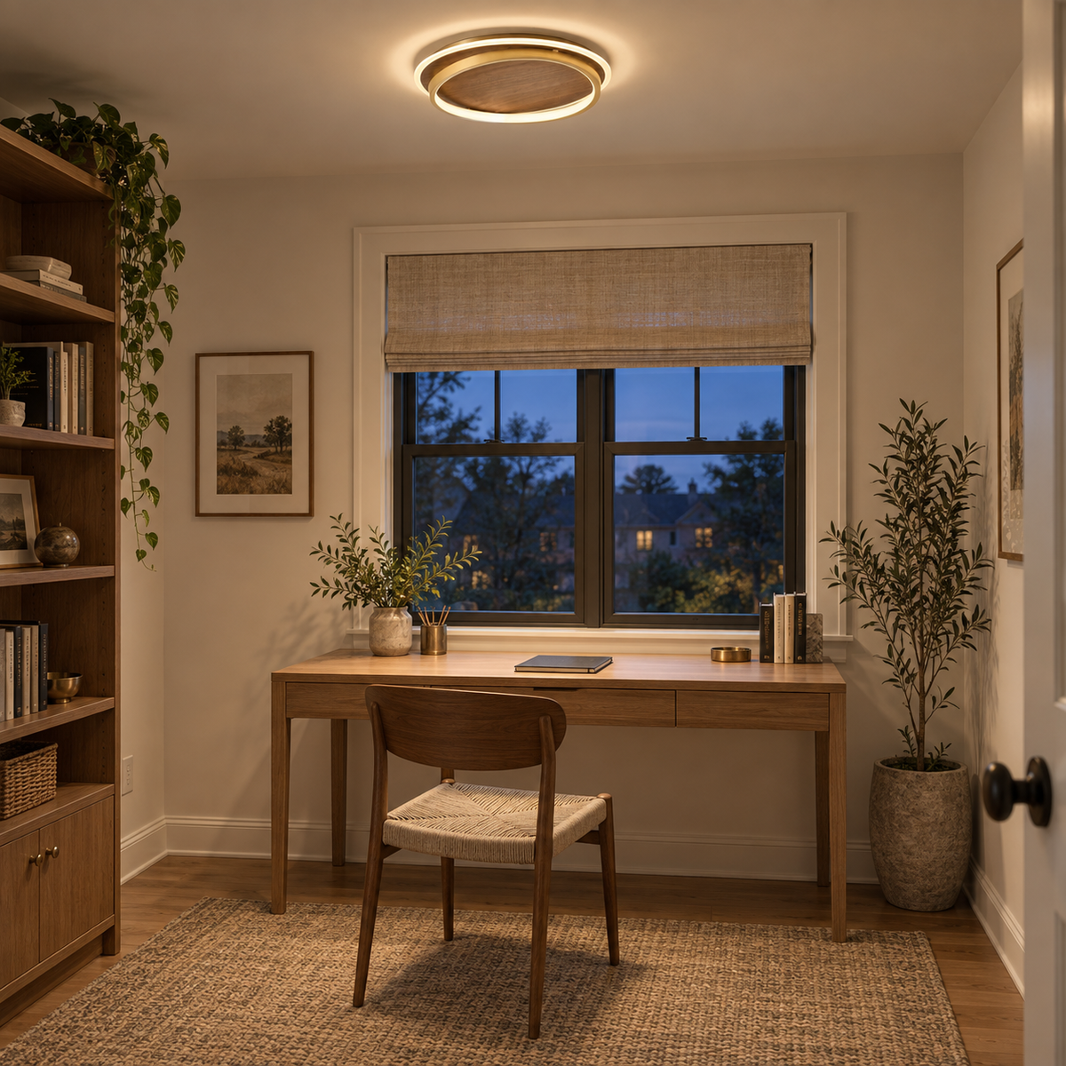 Chaves LED flush mount ceiling light, in a study.
