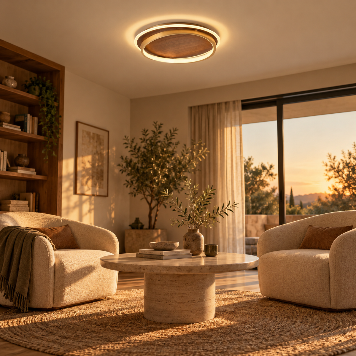 Chaves LED flush mount ceiling light, in a conversation corner.