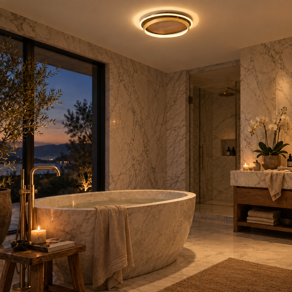 Chaves LED flush mount ceiling light, warm light, in a bathroom.