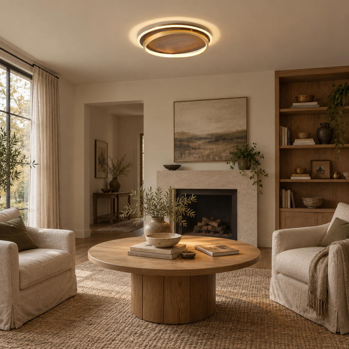 Chaves LED flush mount ceiling light, warm light, in a living room.