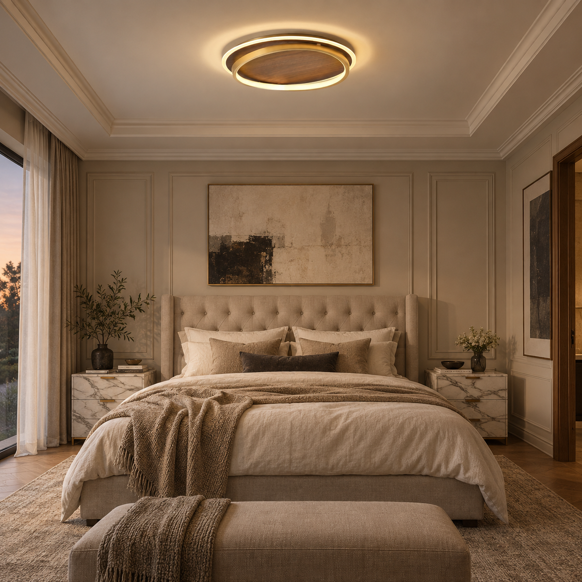 Chaves LED flush mount ceiling light, white light, in a bedroom.