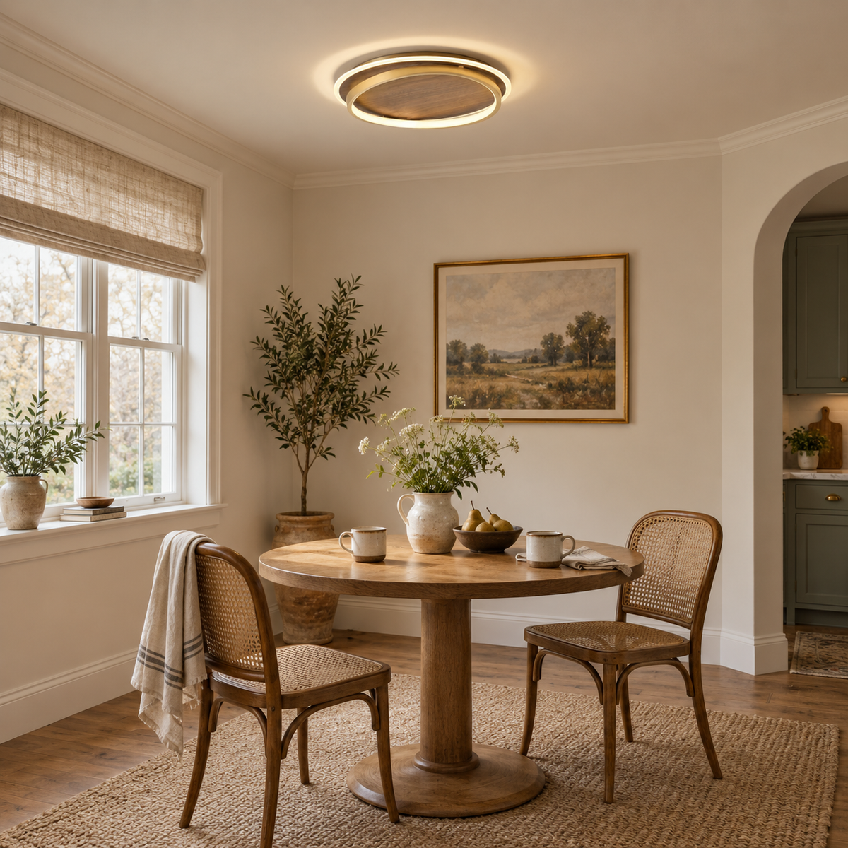 Chaves LED flush mount ceiling light, white light, in a breakfast nook.