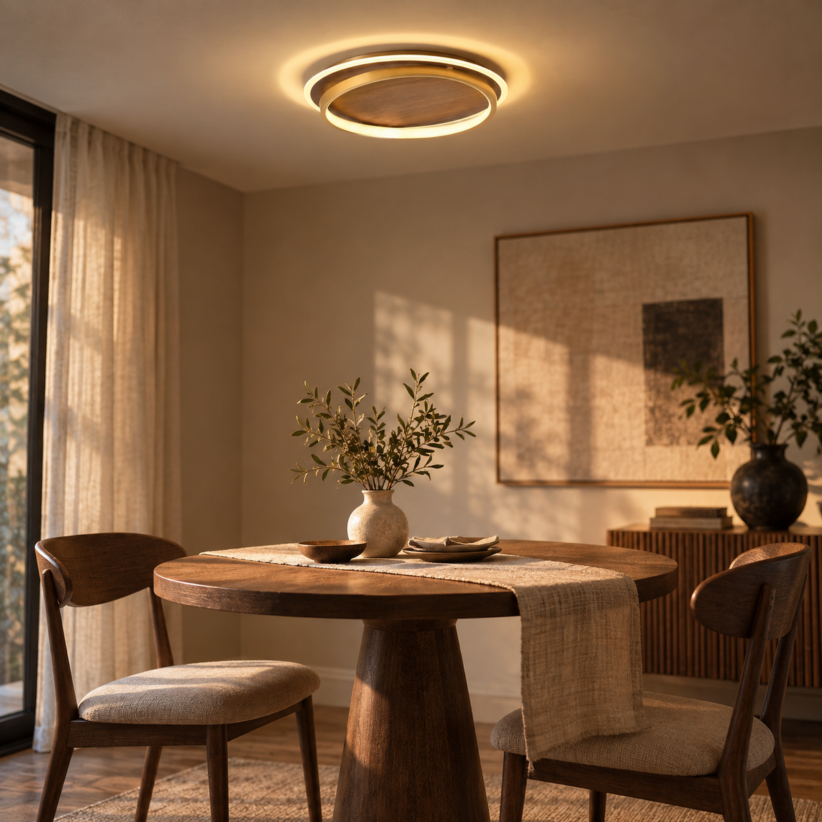 Chaves LED flush mount ceiling light, white light, in a dining corner.