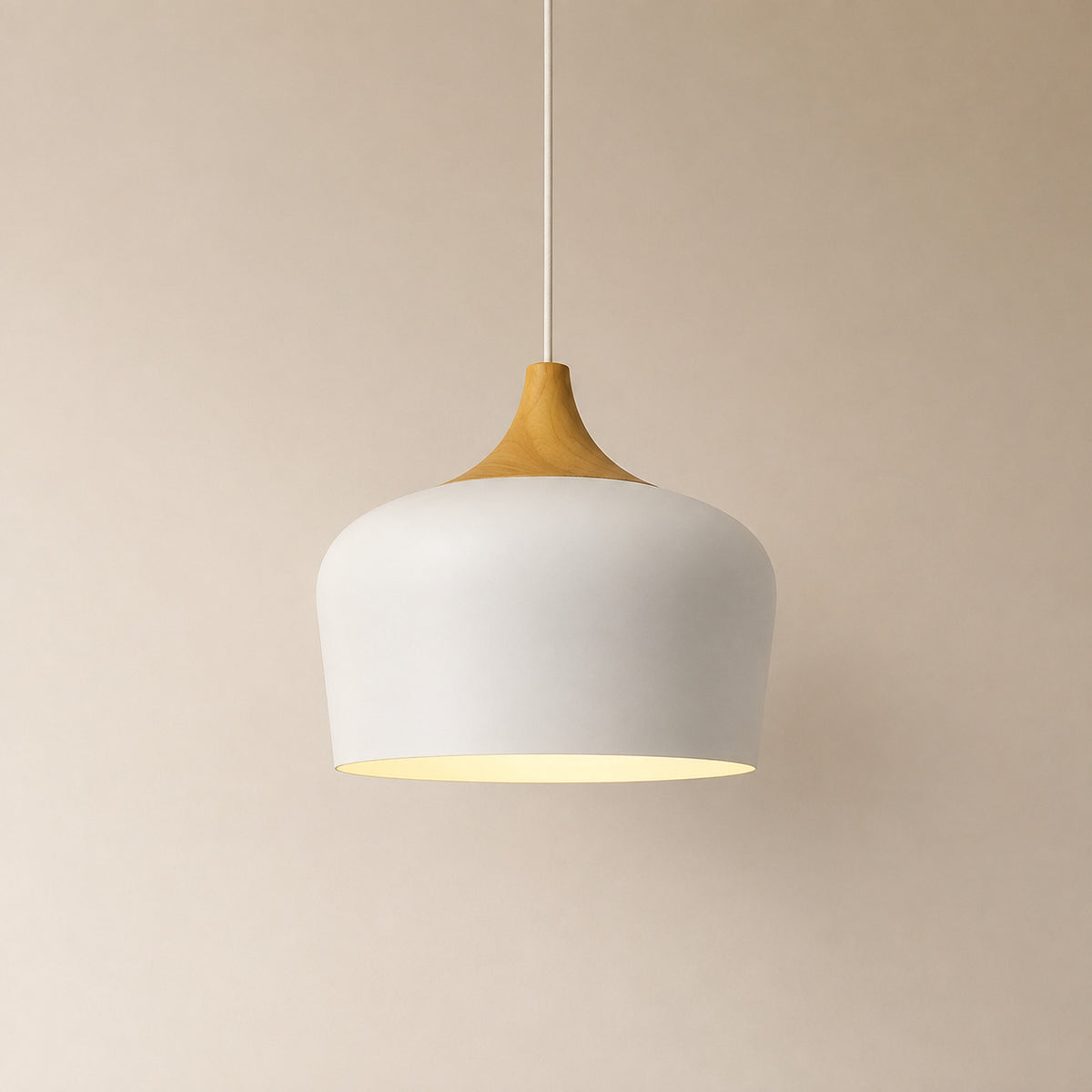 Cobres pendant in flat matte white with a turned wood cap, the deeper Dome shade