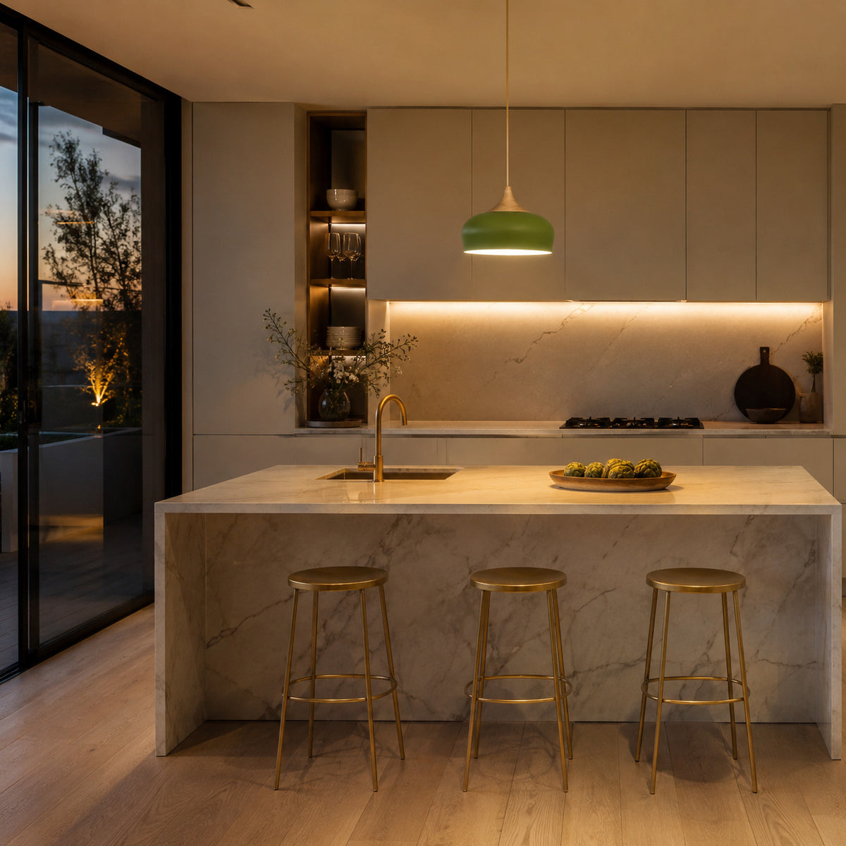 Cobres pendant in fresh mid-green with a turned wood cap, the wide shallow Flat Sphere shade, shown in a room