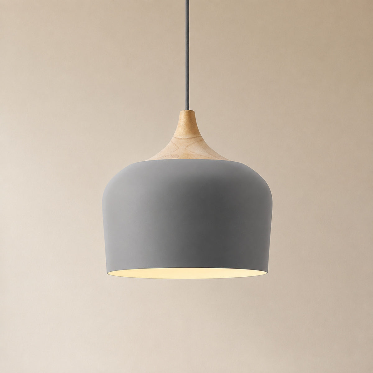 Cobres pendant in mid warm grey with a turned wood cap, the deeper Dome shade