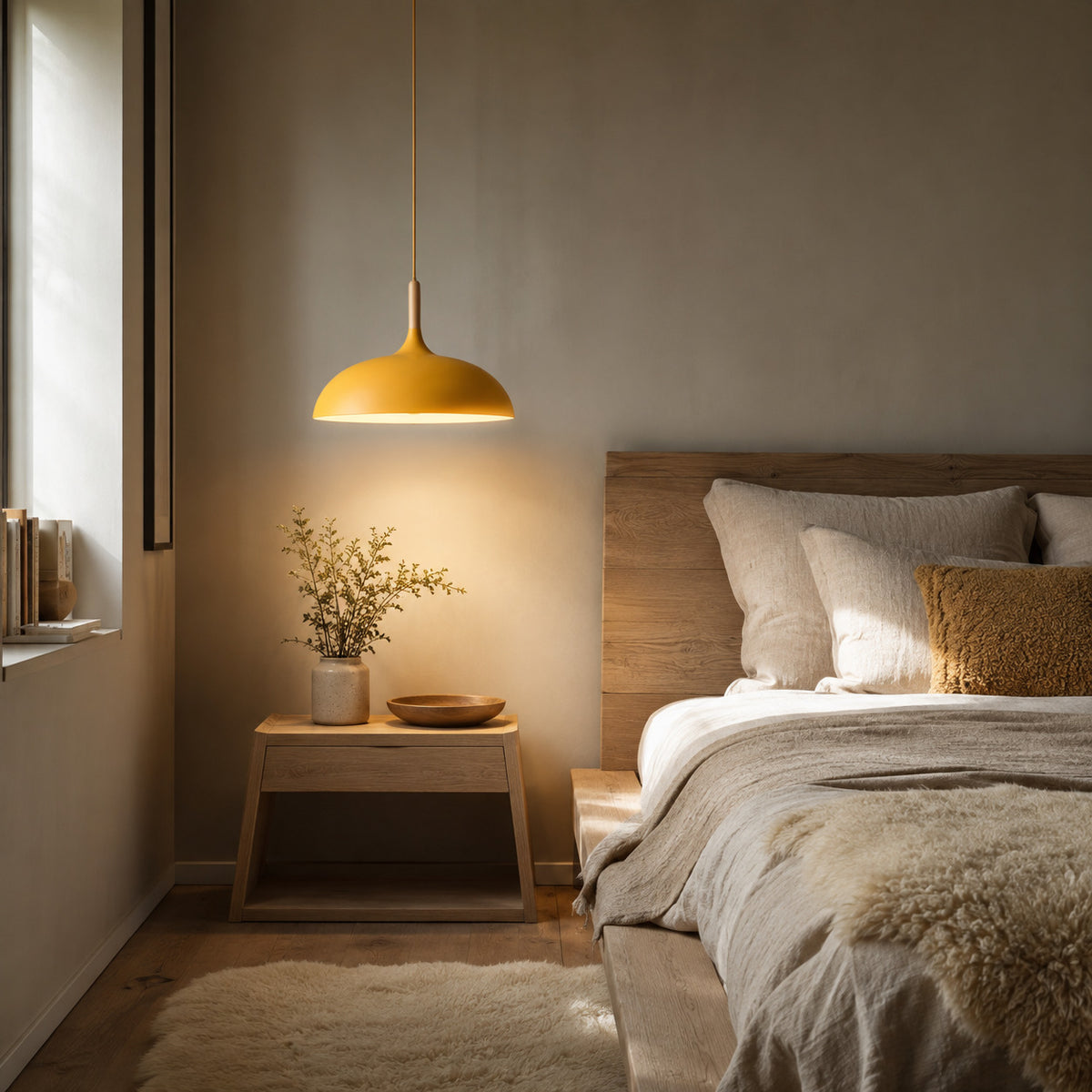 Cobres pendant in warm marigold orange-yellow with a turned wood cap, the wide shallow Flat Sphere shade, shown in a room
