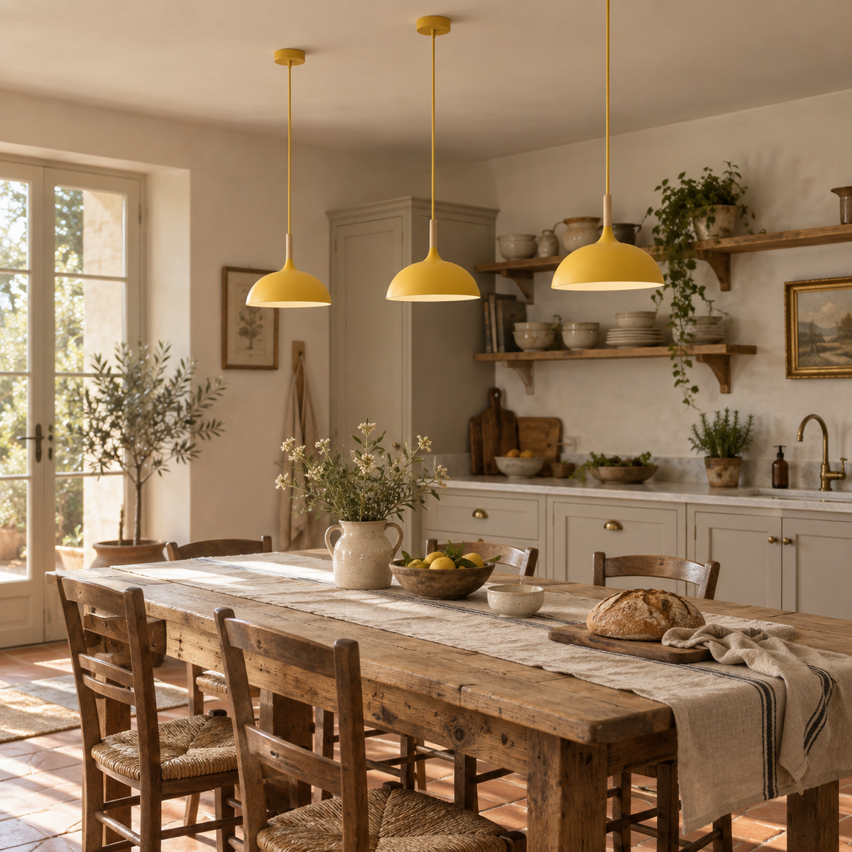 Cobres dome pendant light, flat sphere l style, hung as a row of 3 in a kitchen.
