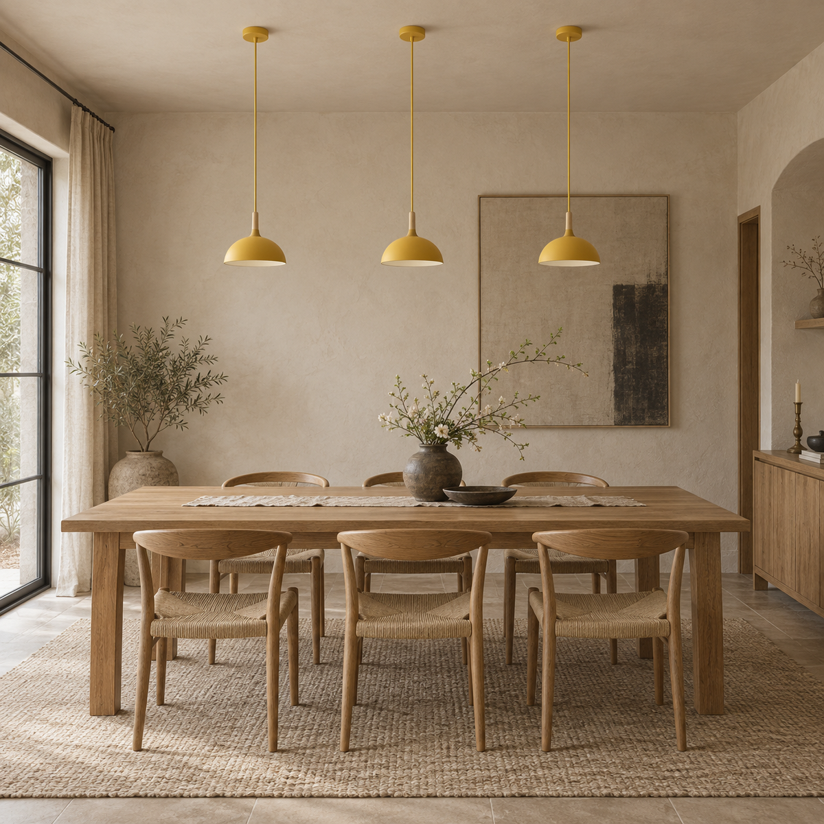 Cobres dome pendant light, flat sphere m style, hung as a row of 3 in a dining room.