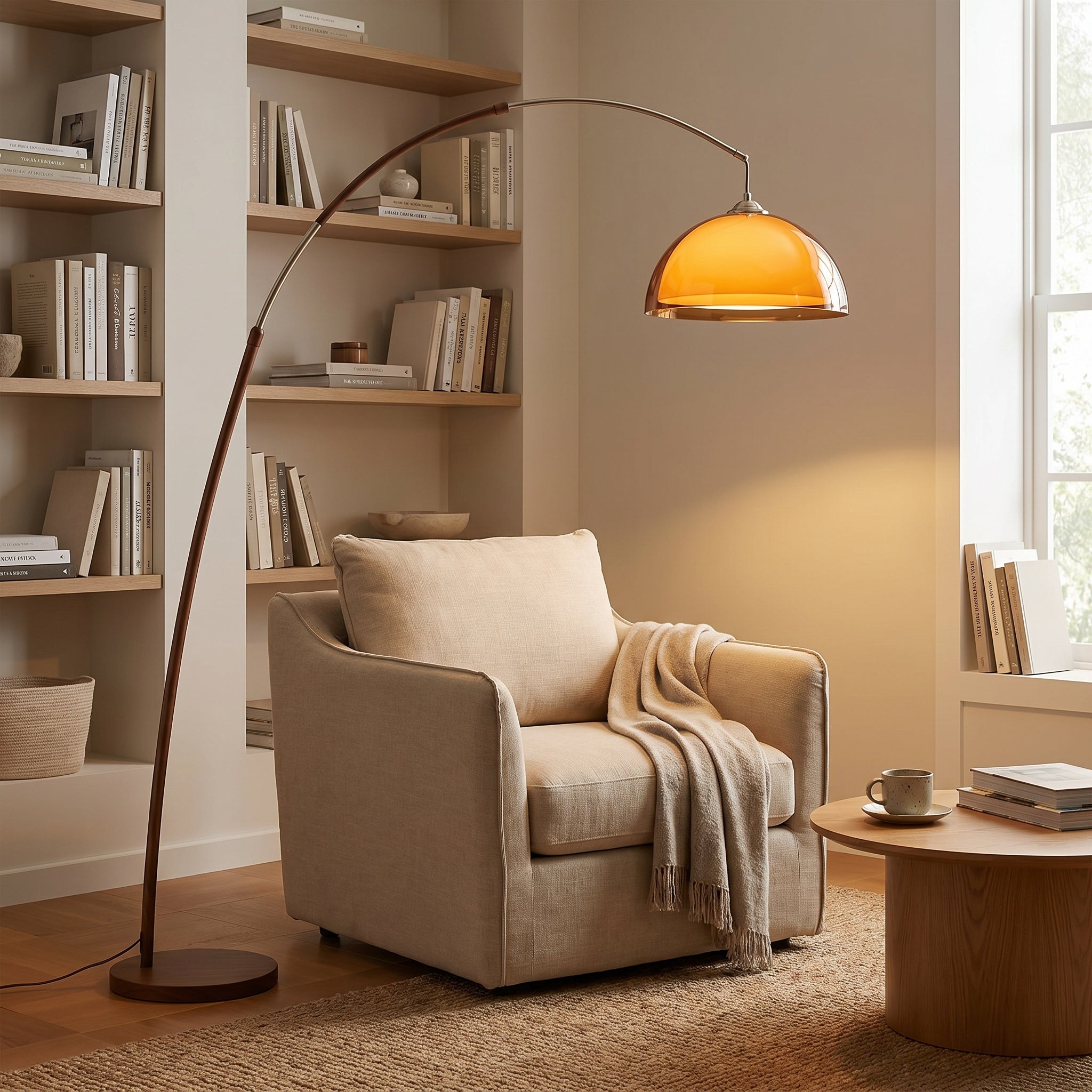 Walnut arc floor lamp with amber dome beside a beige armchair and bookshelf.