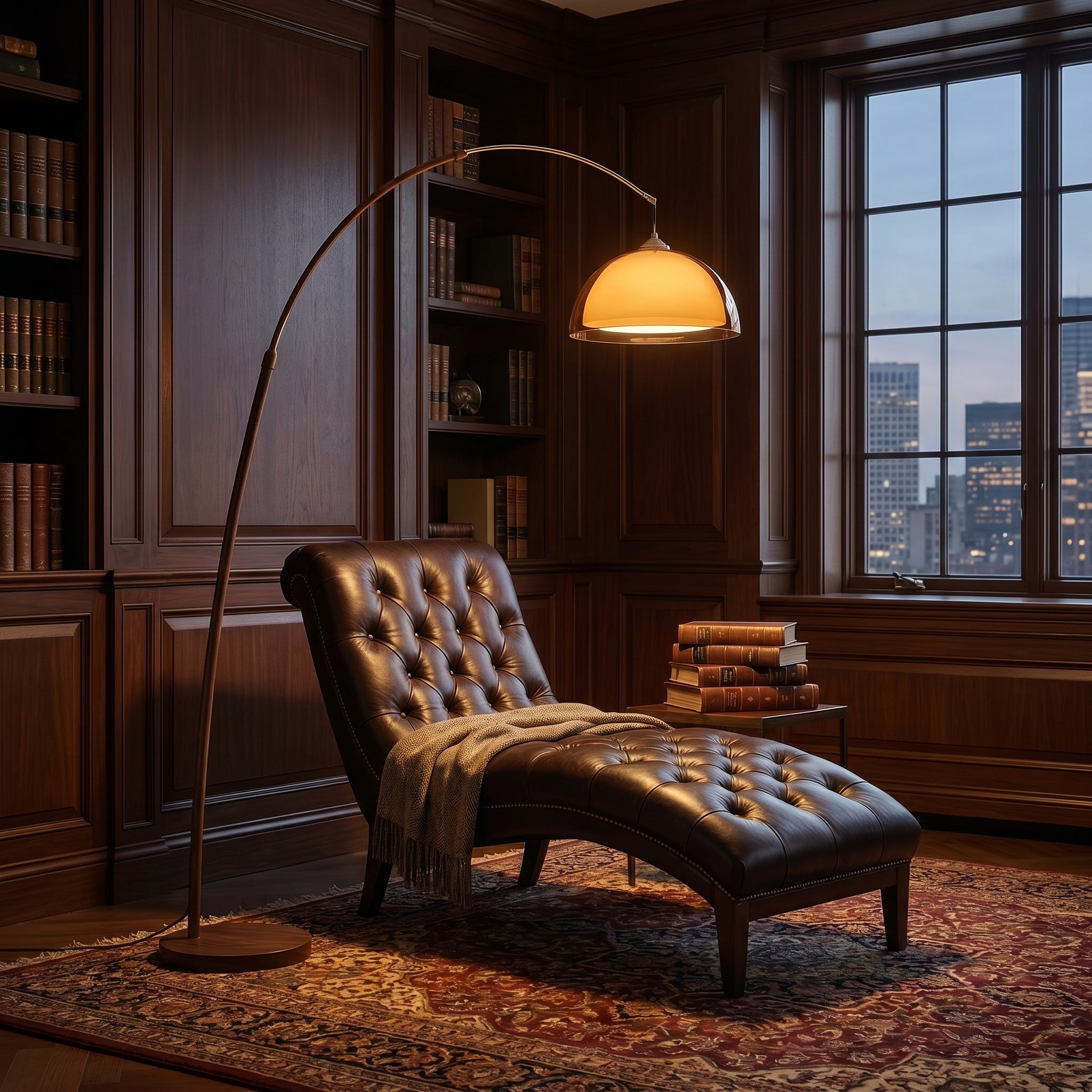Walnut arc floor lamp with amber dome above a chesterfield chaise in a dark library.