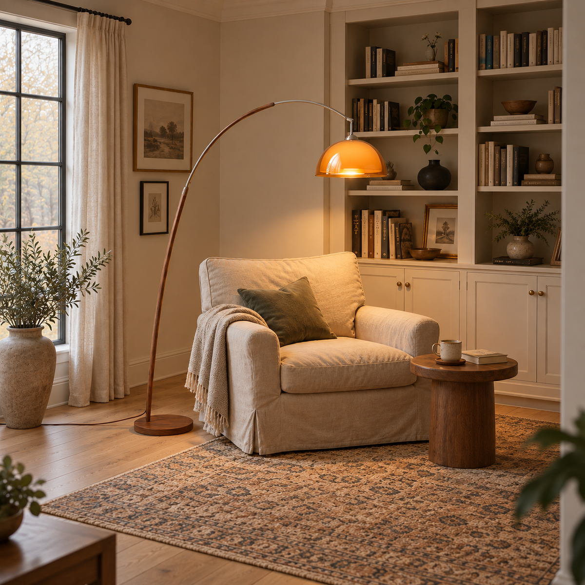 Coimbra arc floor lamp, in a reading nook.