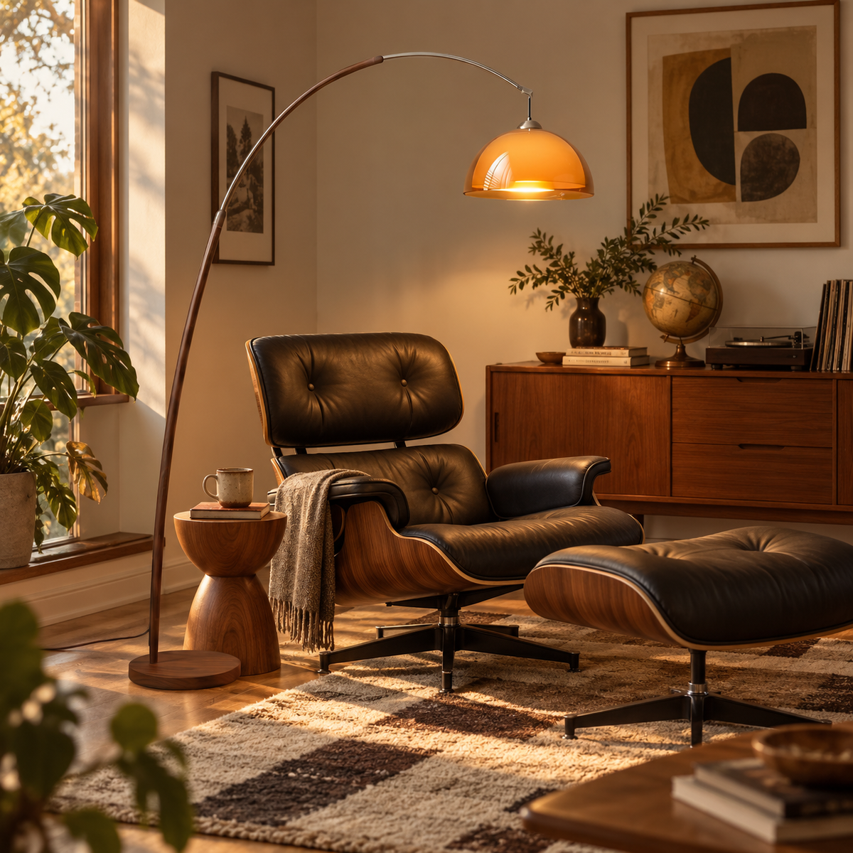 Coimbra arc floor lamp, in a den.