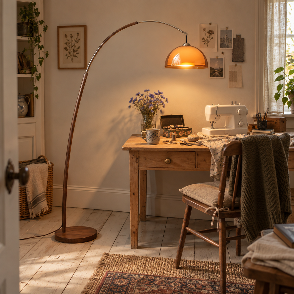 Coimbra arc floor lamp, beside a desk.