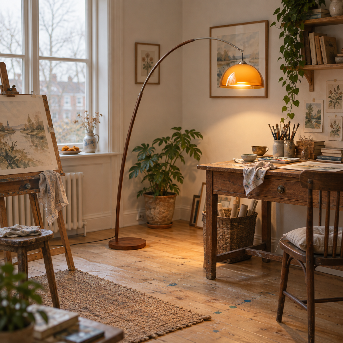 Coimbra arc floor lamp, beside a desk, beside a desk.
