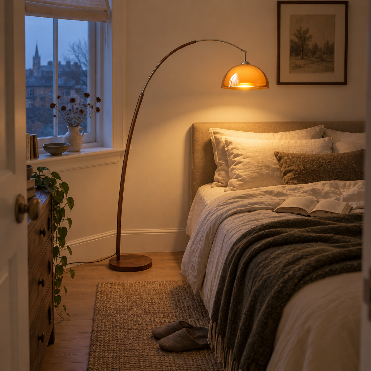 Coimbra arc floor lamp, in a bedroom.