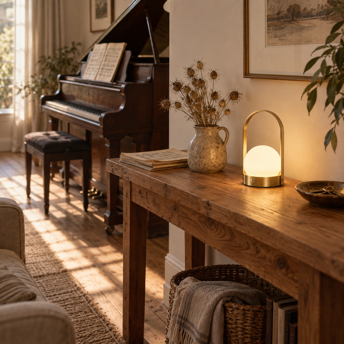 Comporta cordless touch table lamp in white, beside a console table.