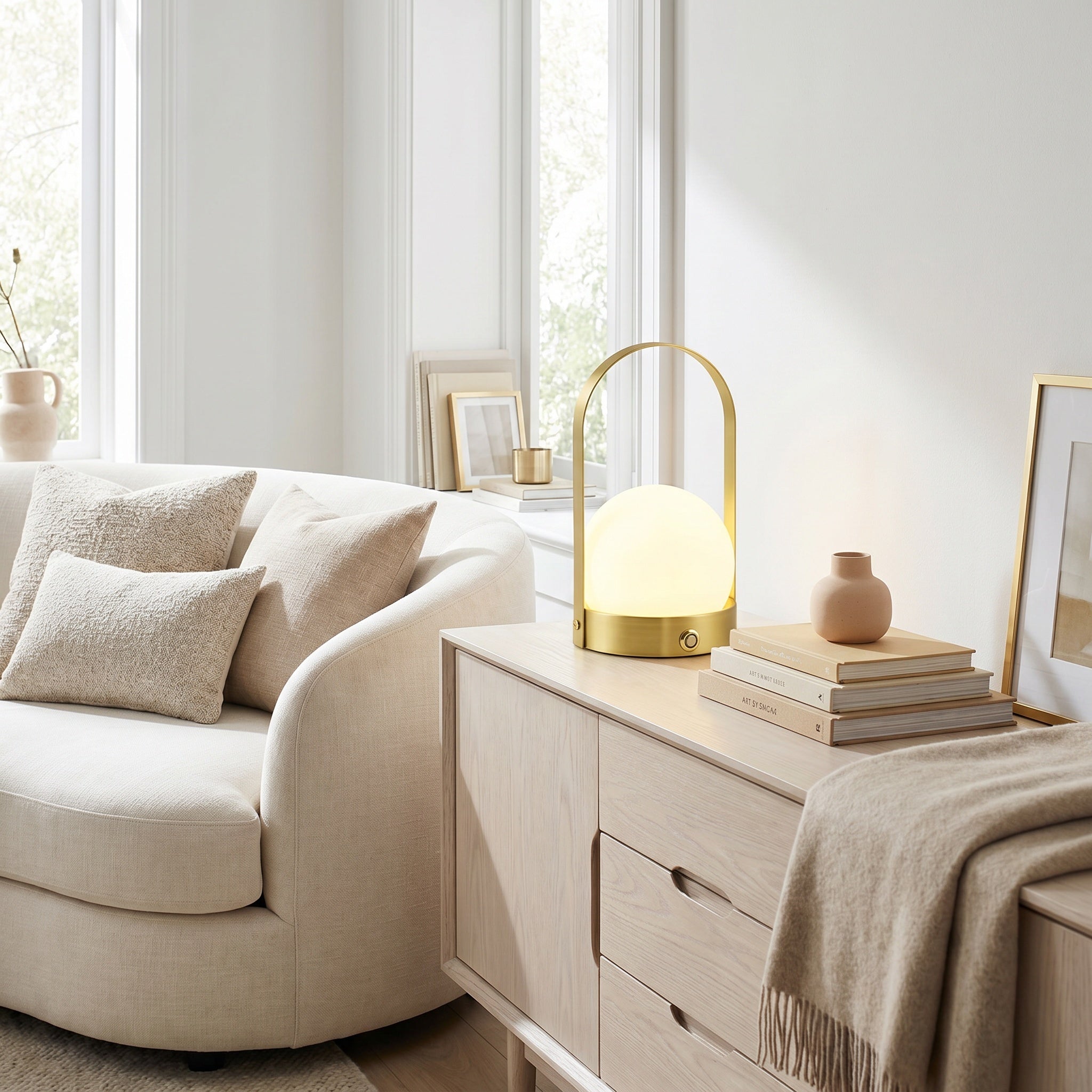Cordless touch table lamp glowing in a styled interior at dusk.