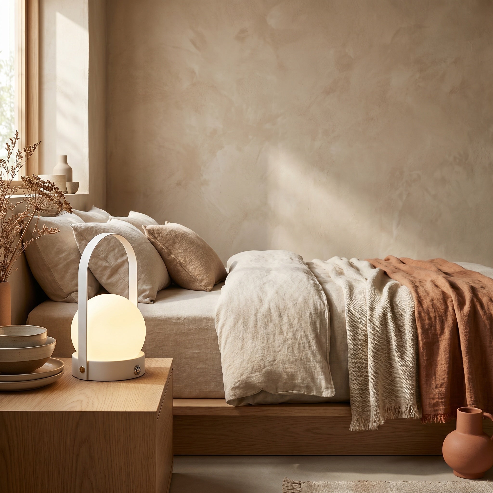 Cordless touch table lamp on an outdoor stone surface at evening.