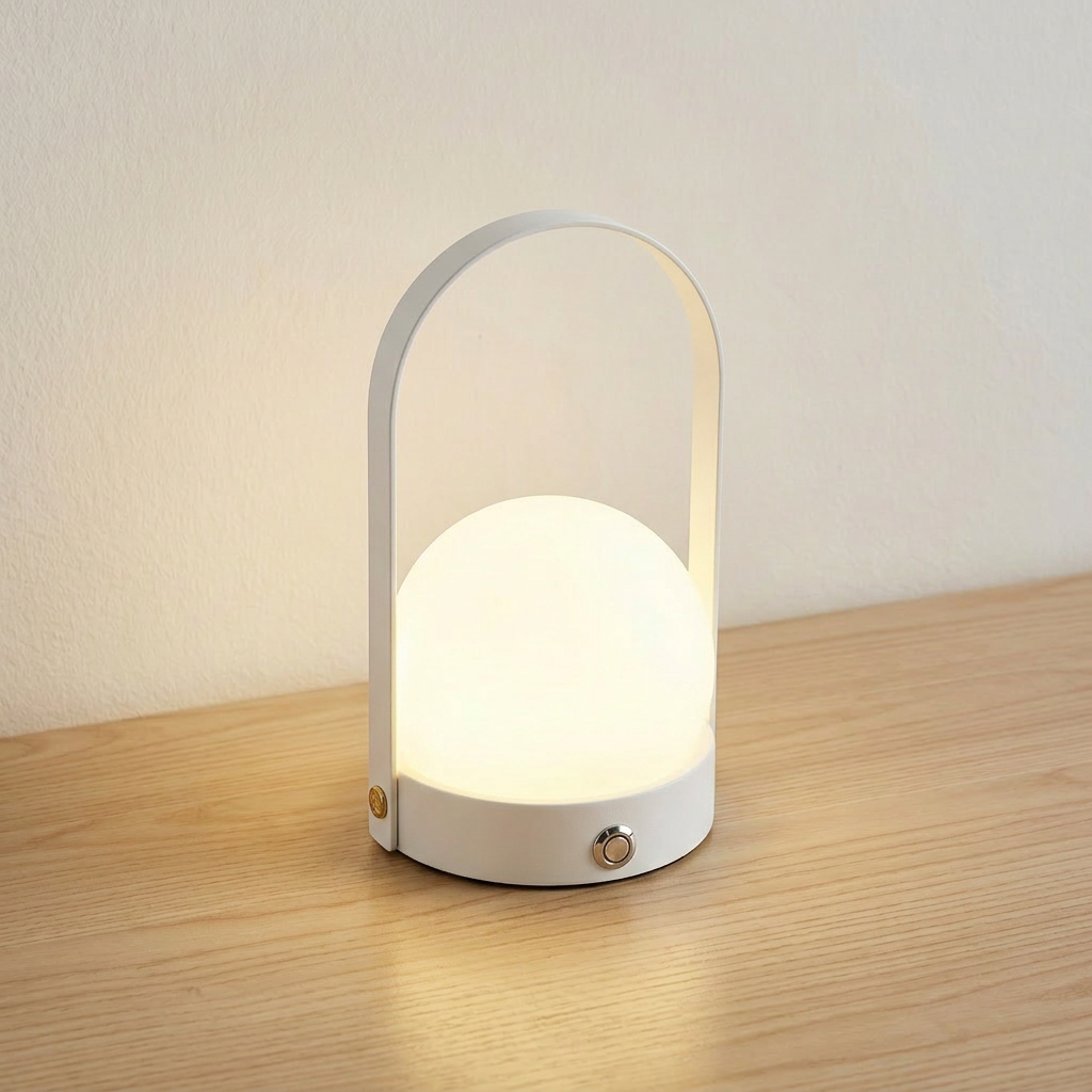 Cordless touch table lamp with white metal basket-base and white glass orb, product shot.