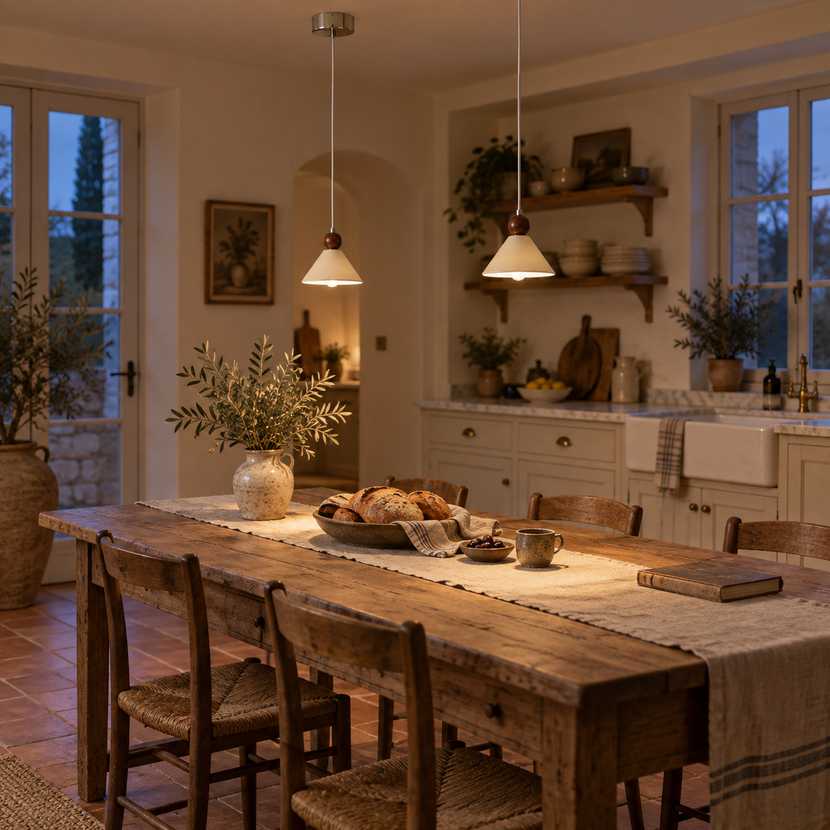 Covilhã cone pendant light, hung as a row of 2 in a kitchen.