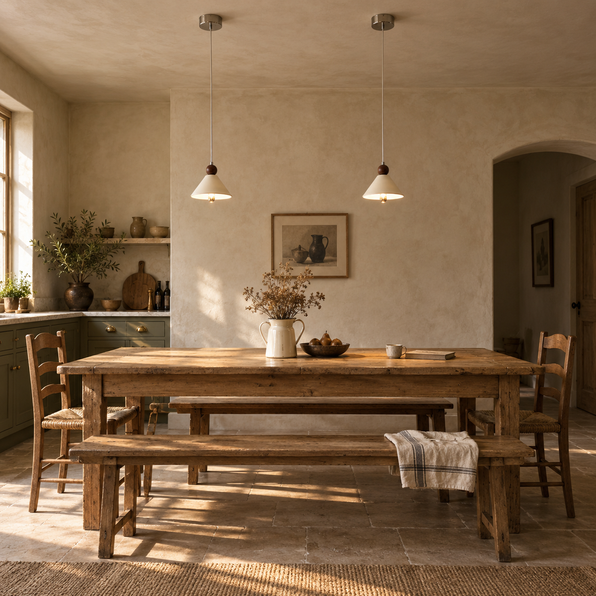 Covilhã cone pendant light, hung as a row of 2 in a kitchen, beside a dining table.