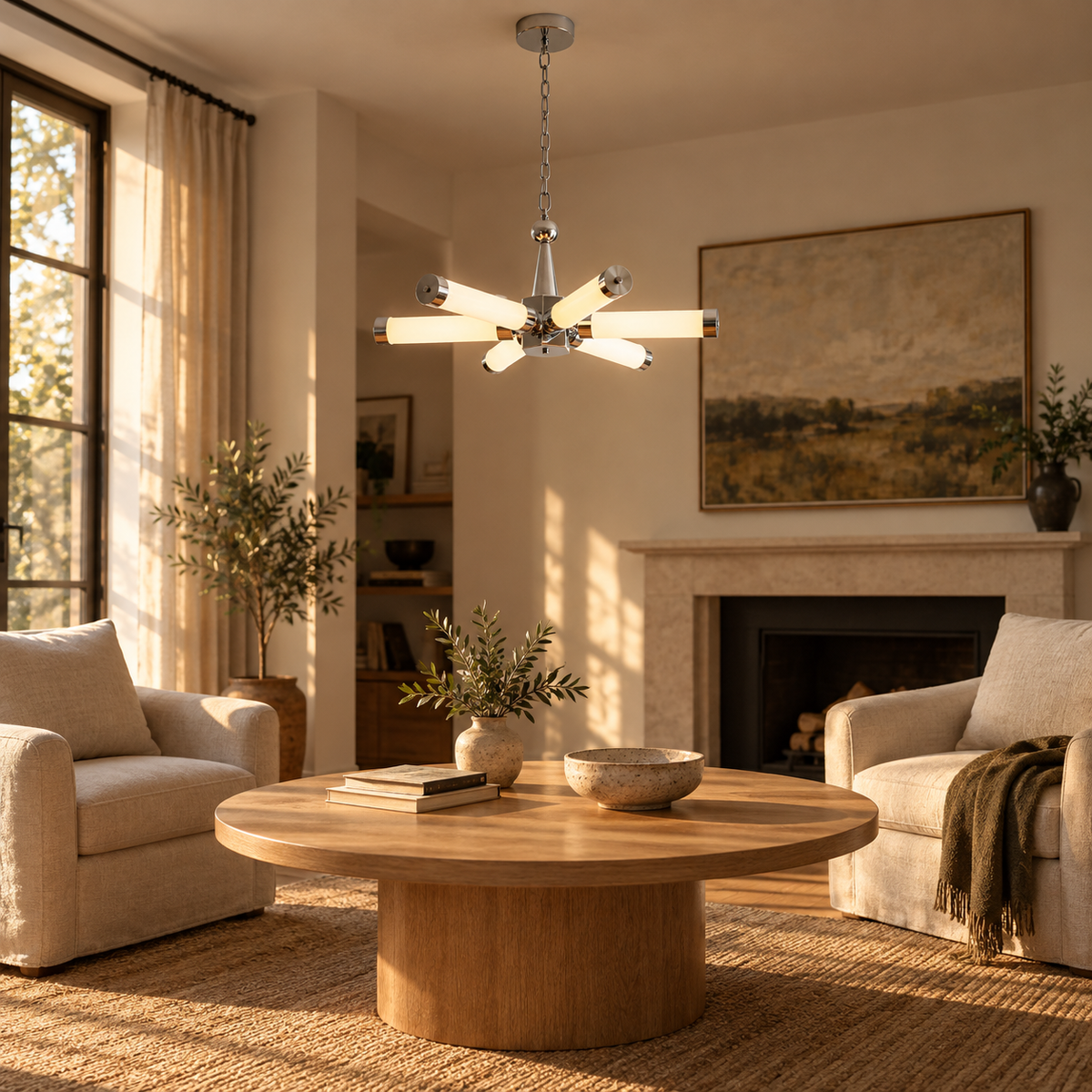 Douro cylindrical starburst ceiling light in chrome, in a living room.