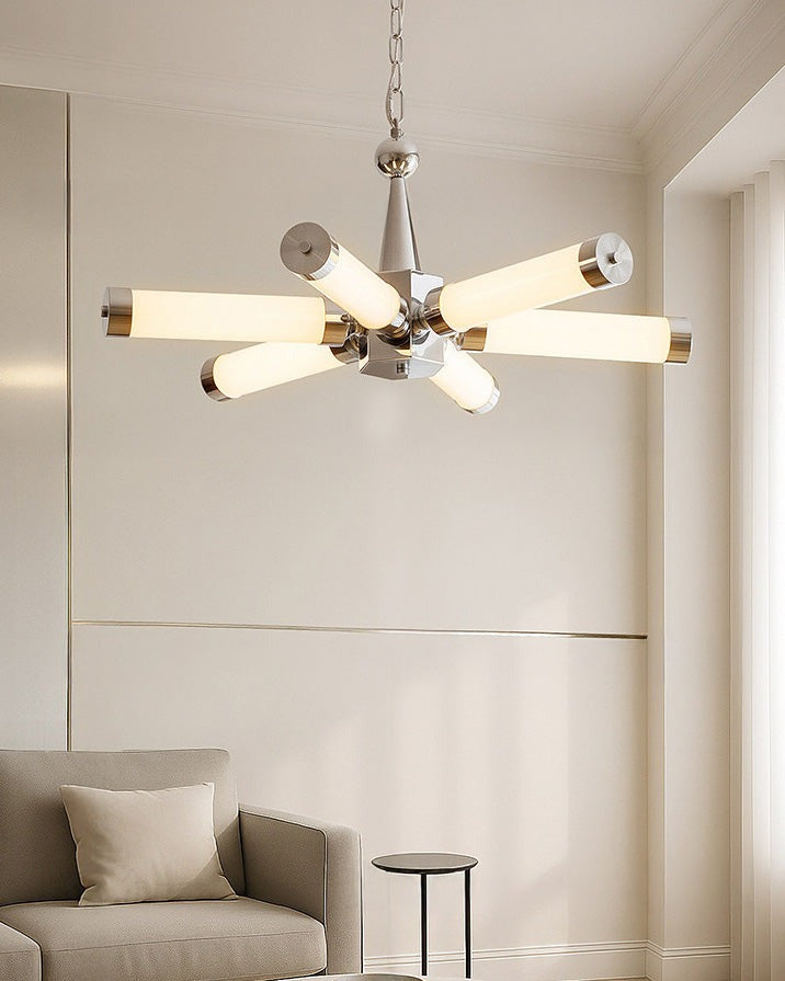 Douro cylindrical starburst ceiling light, in a living room, against a white ceiling.