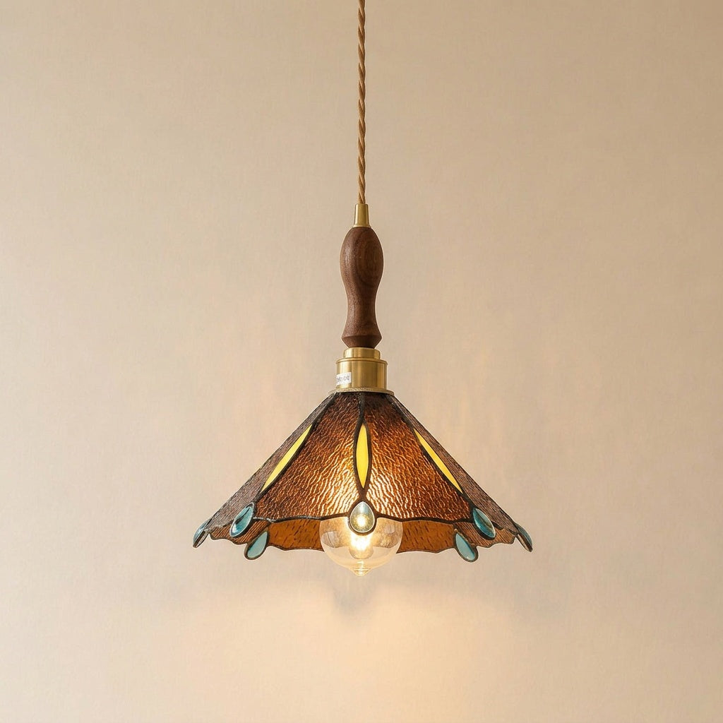 Burgau leaded glass pendant in brown and blue with wood spindle