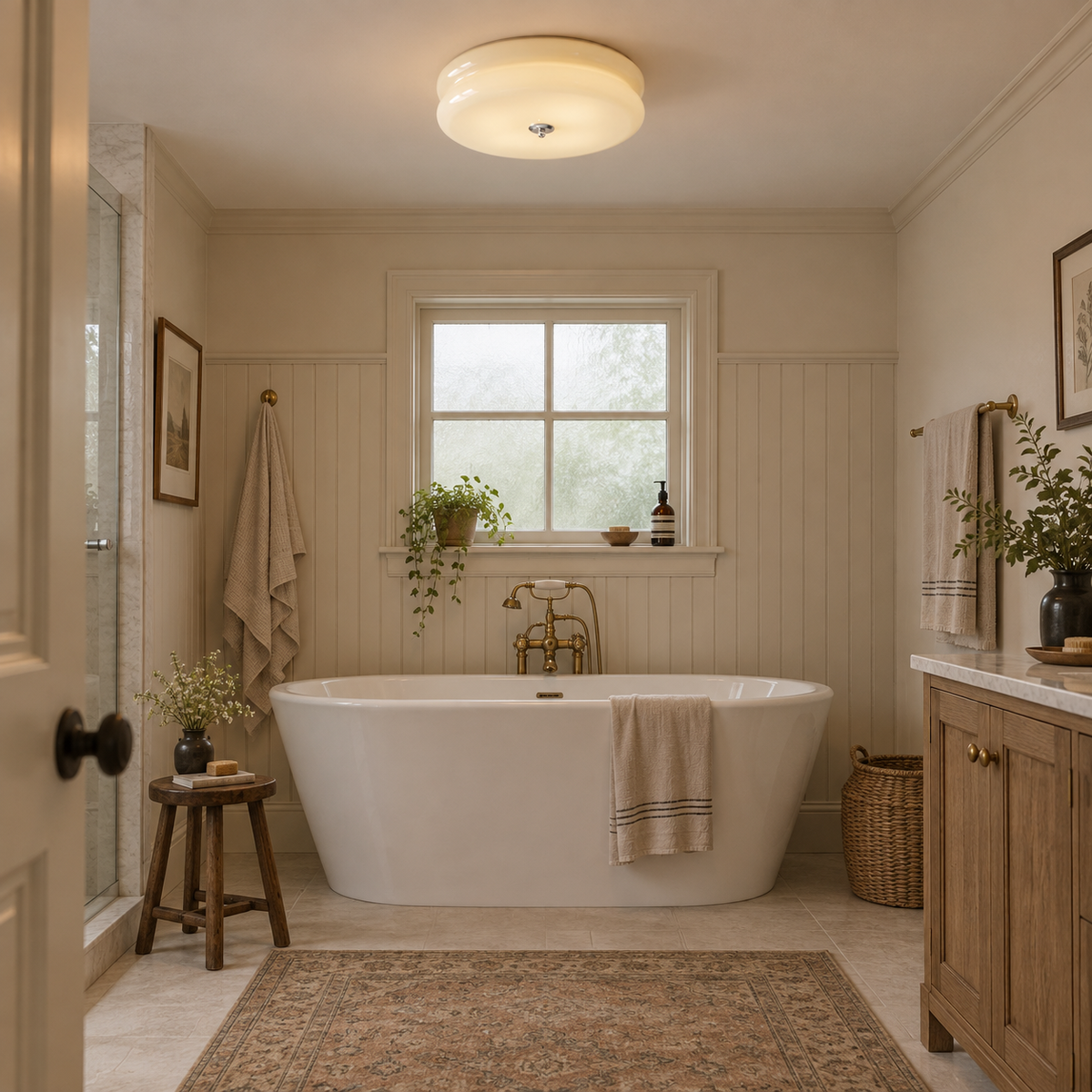 Elvas Art Deco tiered flush mount ceiling light in chrome / beige, in a bathroom, beside a bathtub rim.
