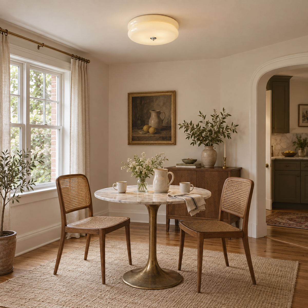 Elvas Art Deco tiered flush mount ceiling light in chrome / beige, beside a breakfast nook table.