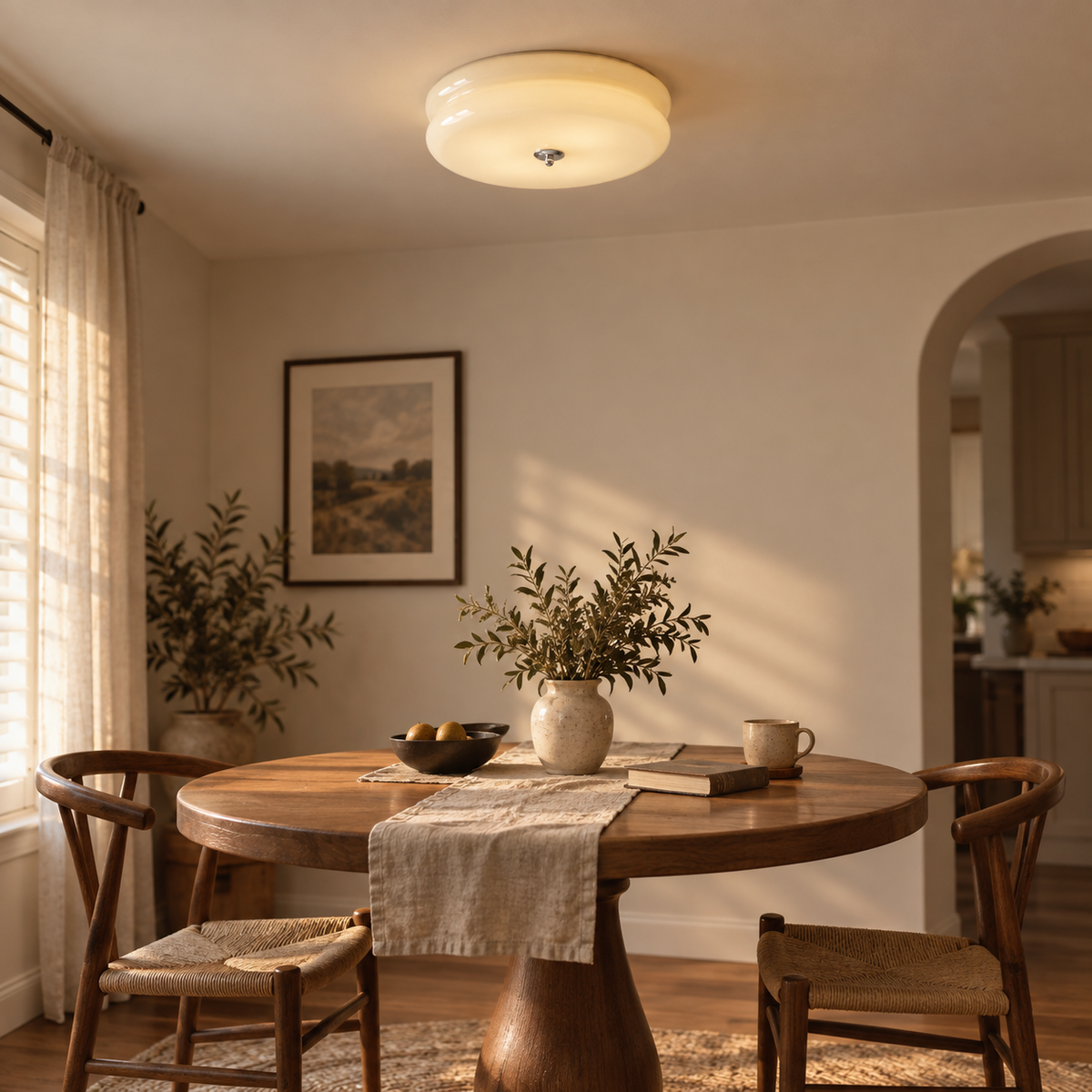 Elvas Art Deco tiered flush mount ceiling light in gold / white, in a dining corner.