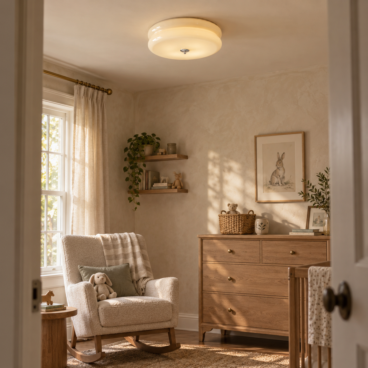 Elvas Art Deco tiered flush mount ceiling light, warm light, in a nursery.