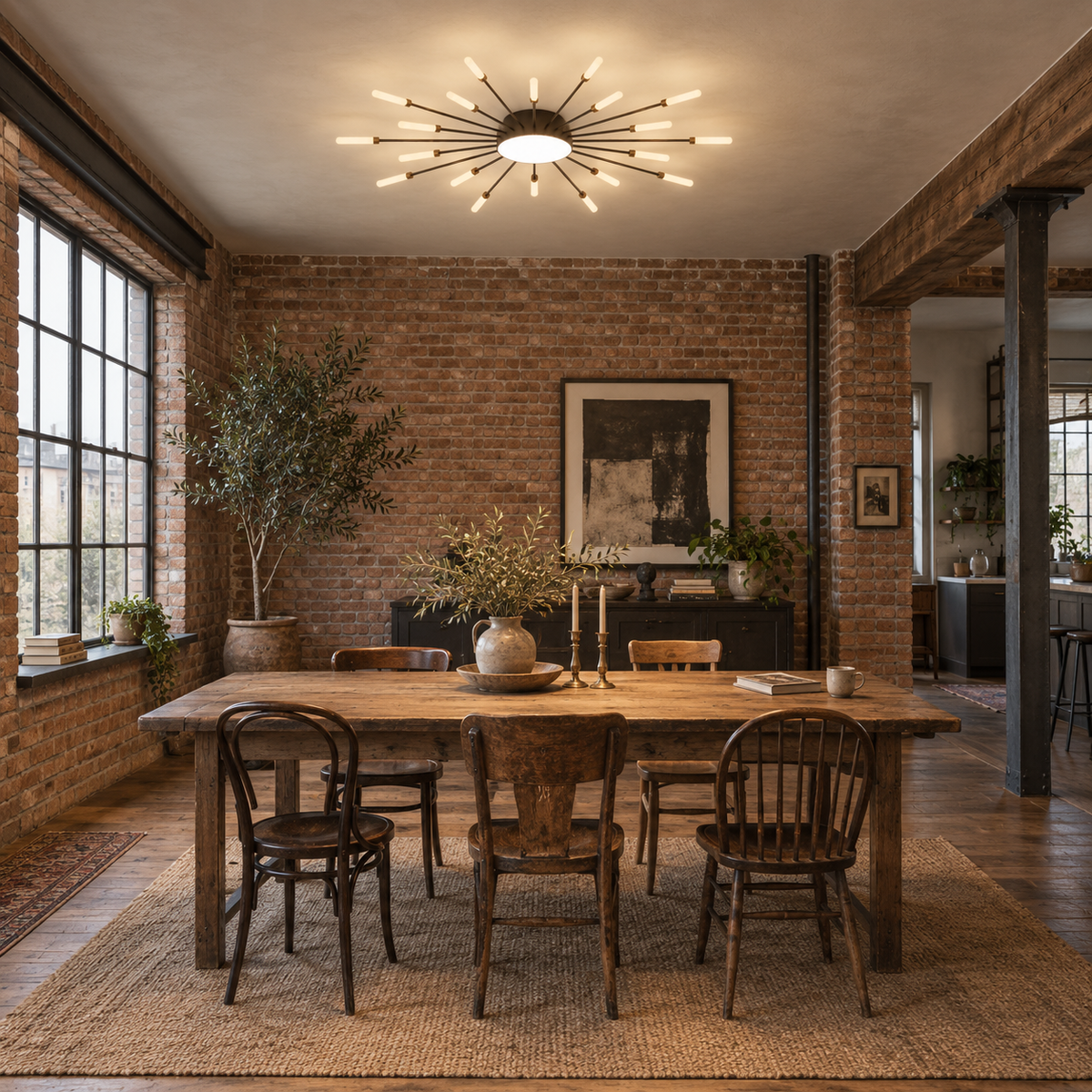 Erges flush ceiling light in black, in a loft.